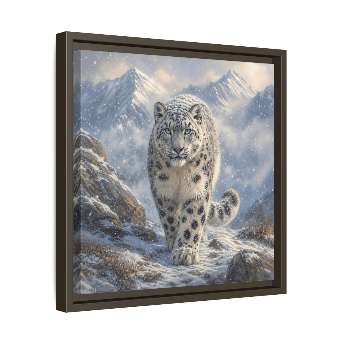 Side Mockup 29. Animals Snow Leopard Snow Leopard Winter shown as stretched canvas wall art