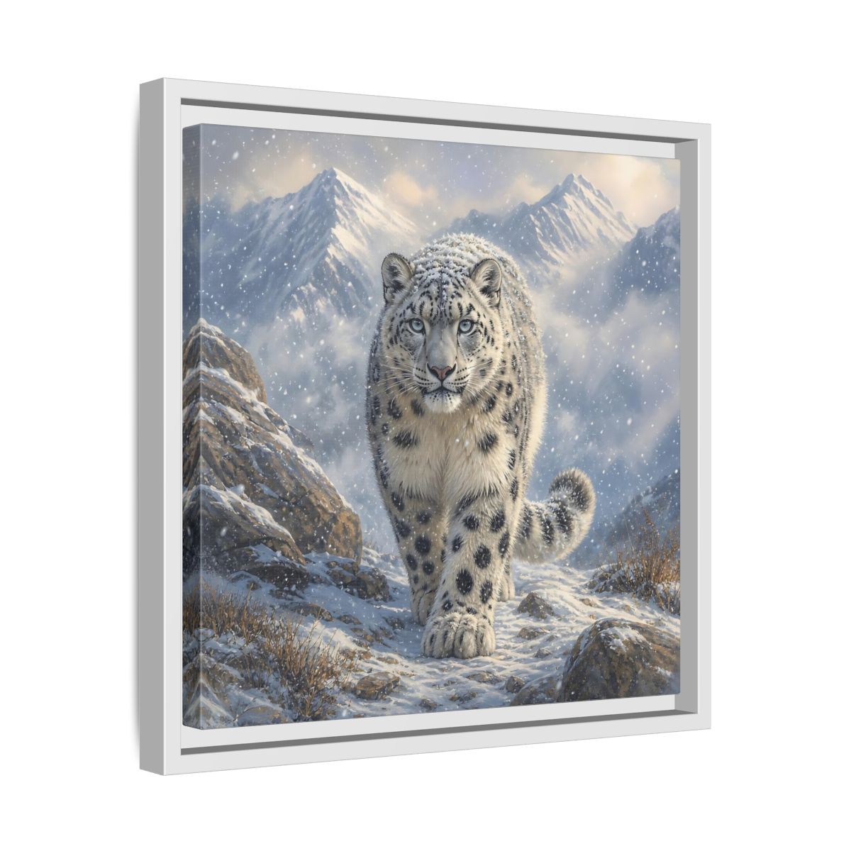 Side Mockup 28. Animals Snow Leopard Snow Leopard Winter shown as stretched canvas wall art