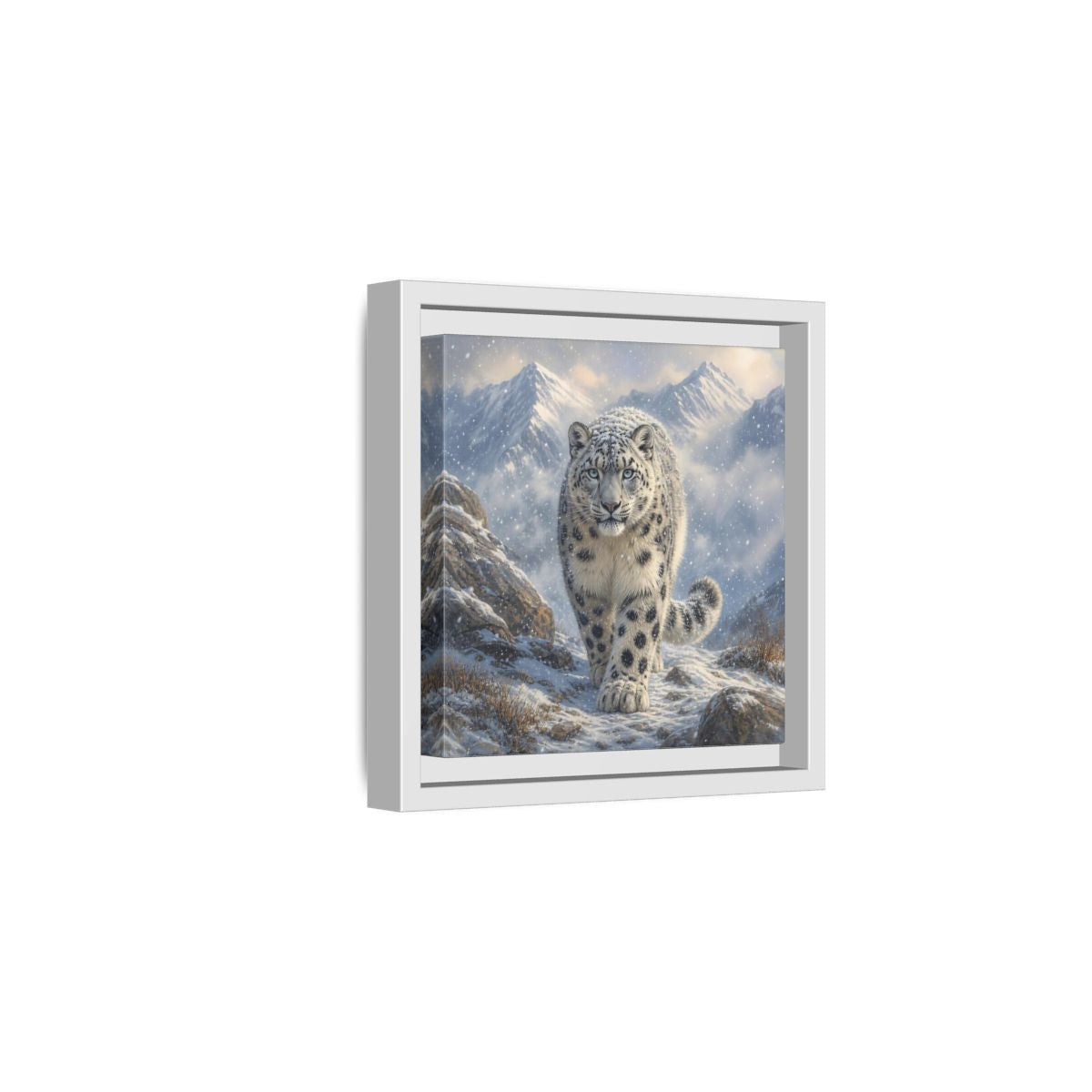 Side Mockup 1. Animals Snow Leopard Snow Leopard Winter shown as stretched canvas wall art