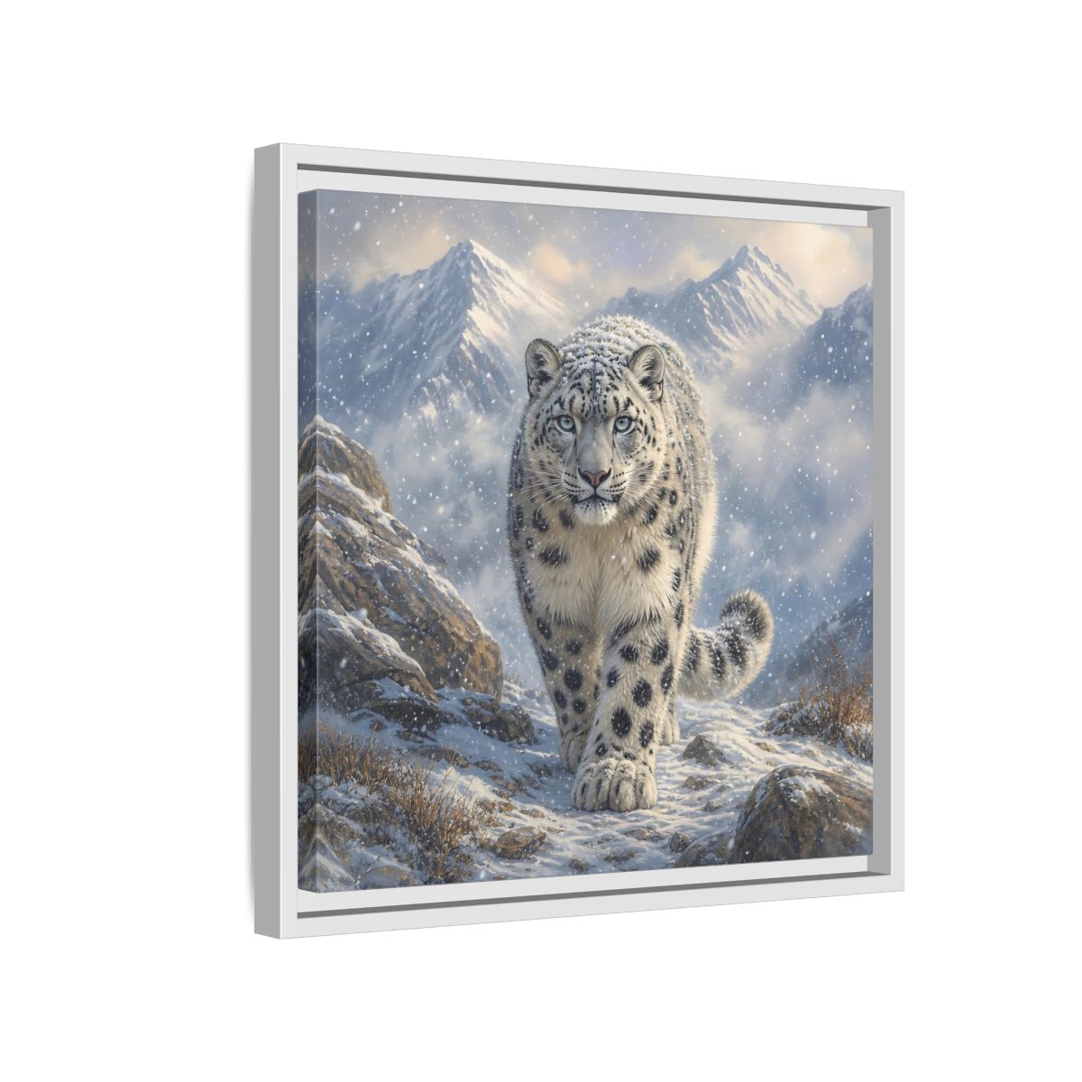 Side Mockup 13. Animals Snow Leopard Snow Leopard Winter shown as stretched canvas wall art