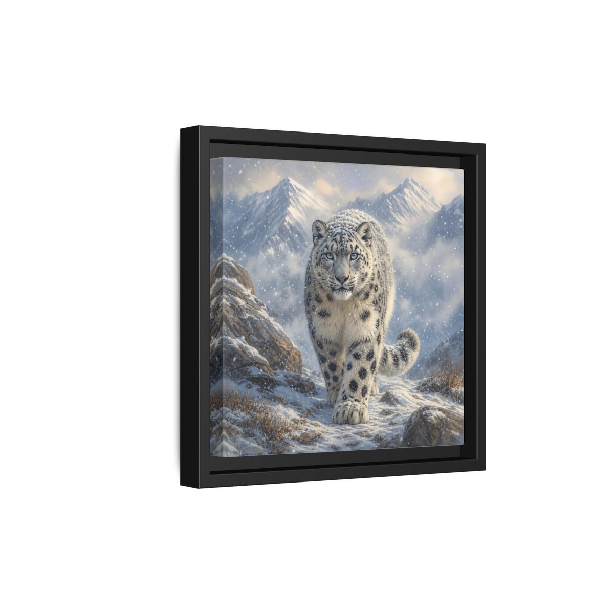 Side Mockup 21. Animals Snow Leopard Snow Leopard Winter shown as stretched canvas wall art