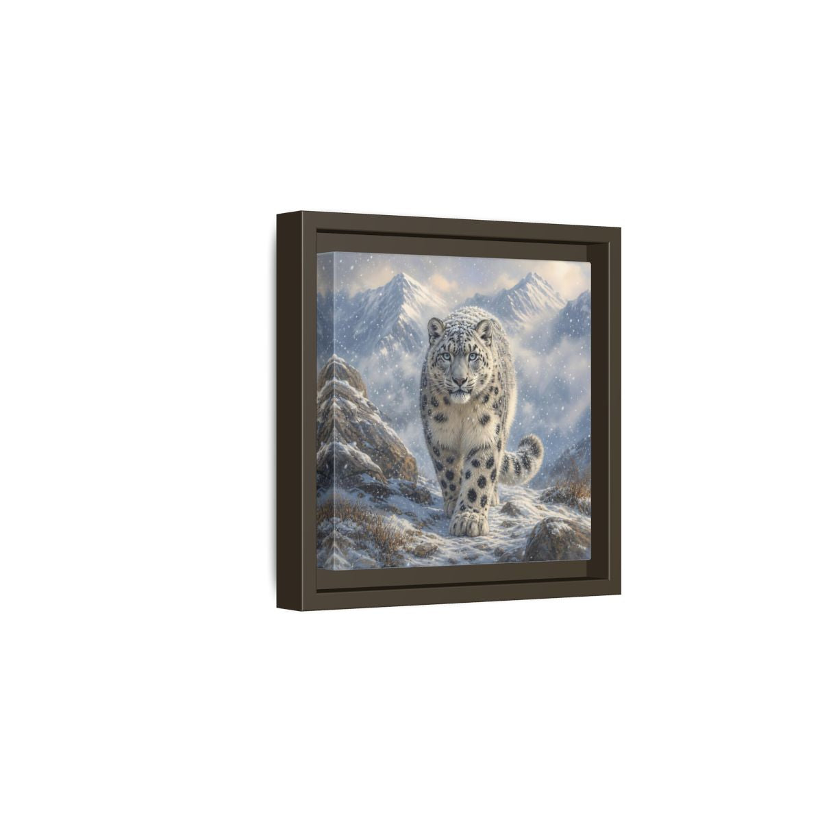 Side Mockup 2. Animals Snow Leopard Snow Leopard Winter shown as stretched canvas wall art