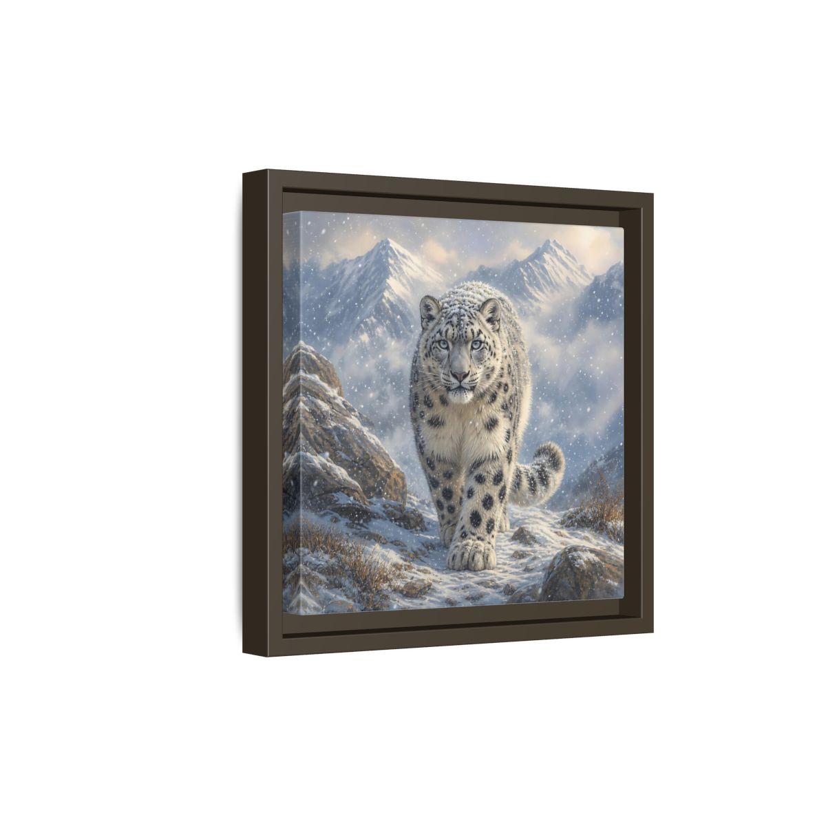 Side Mockup 20. Animals Snow Leopard Snow Leopard Winter shown as stretched canvas wall art