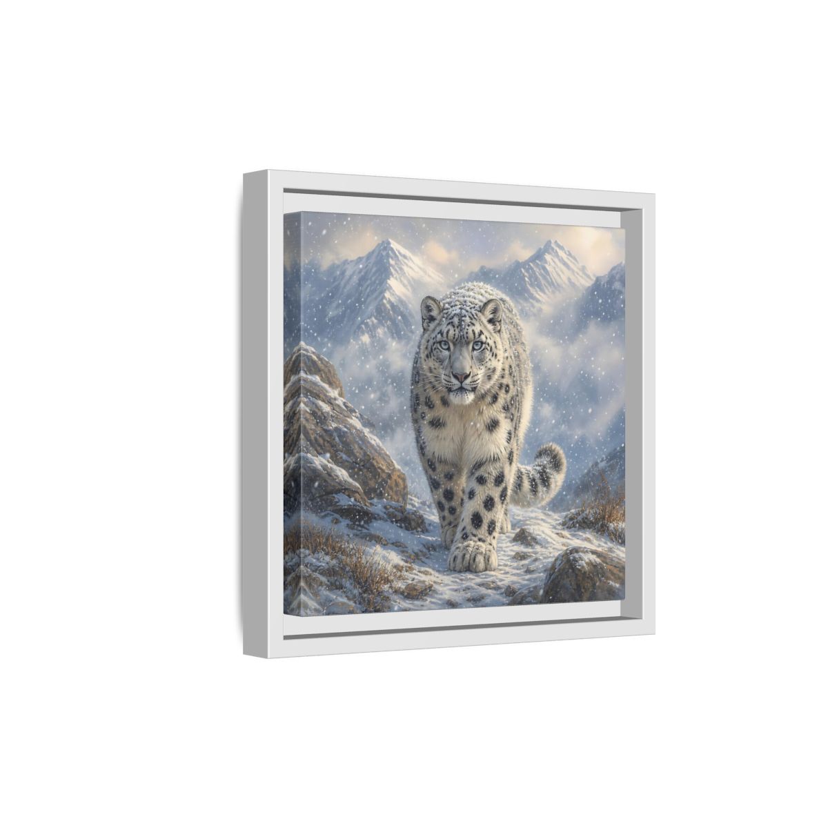 Side Mockup 19. Animals Snow Leopard Snow Leopard Winter shown as stretched canvas wall art
