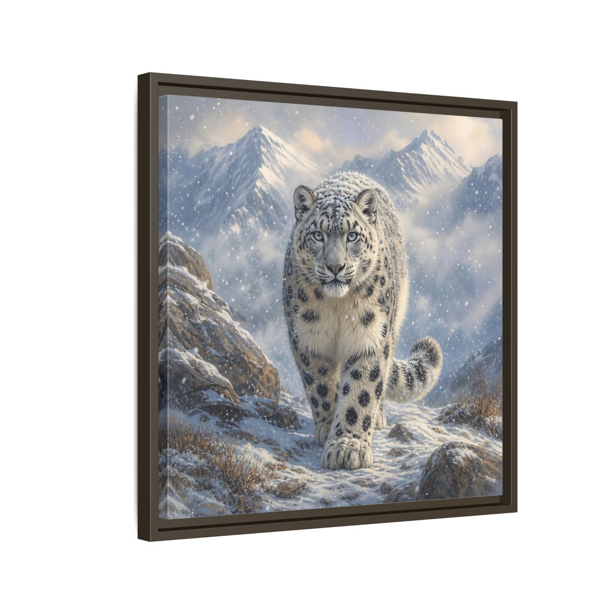 Side Mockup 11. Animals Snow Leopard Snow Leopard Winter shown as stretched canvas wall art