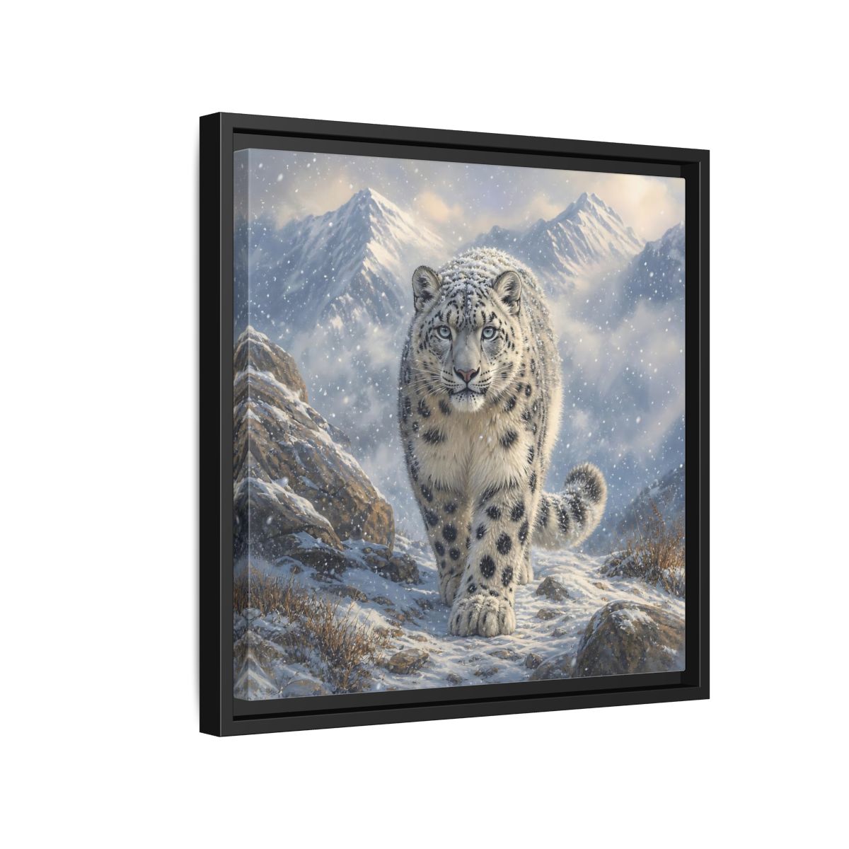 Side Mockup 15. Animals Snow Leopard Snow Leopard Winter shown as stretched canvas wall art