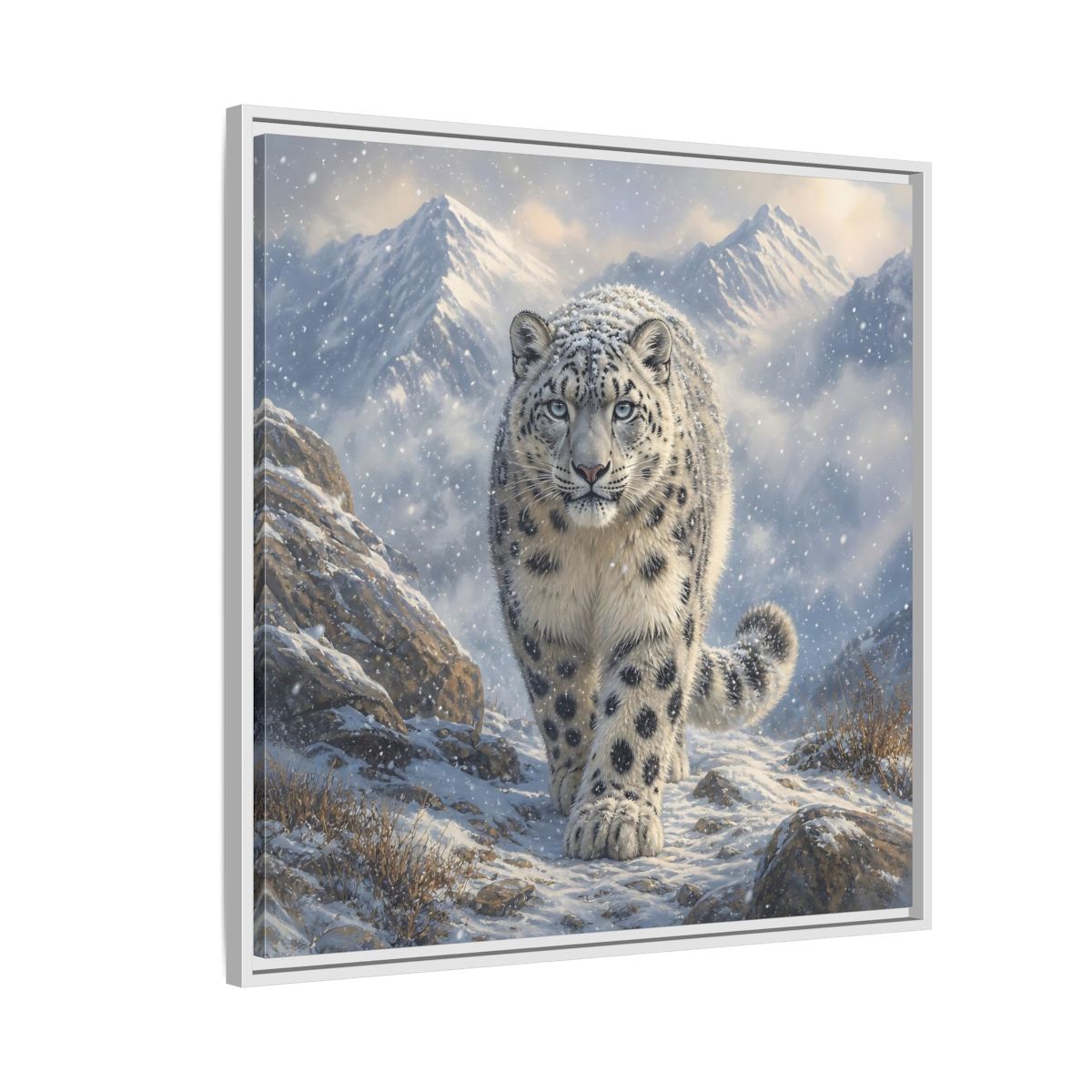 Side Mockup 7. Animals Snow Leopard Snow Leopard Winter shown as stretched canvas wall art