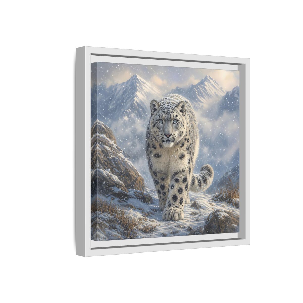 Side Mockup 16. Animals Snow Leopard Snow Leopard Winter shown as stretched canvas wall art