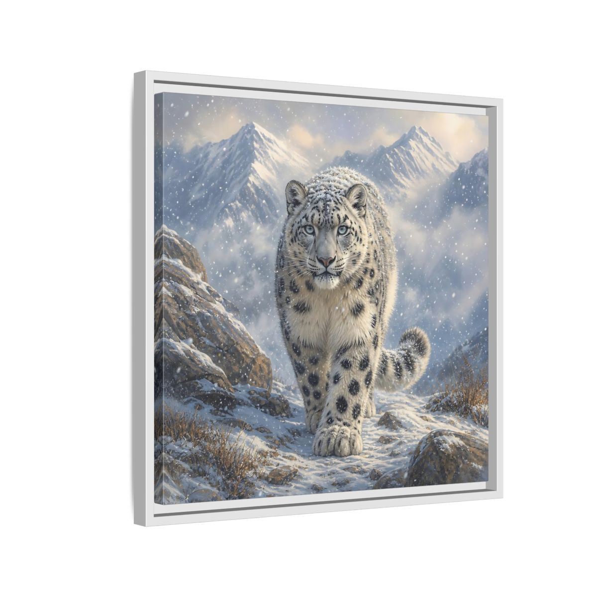 Side Mockup 10. Animals Snow Leopard Snow Leopard Winter shown as stretched canvas wall art