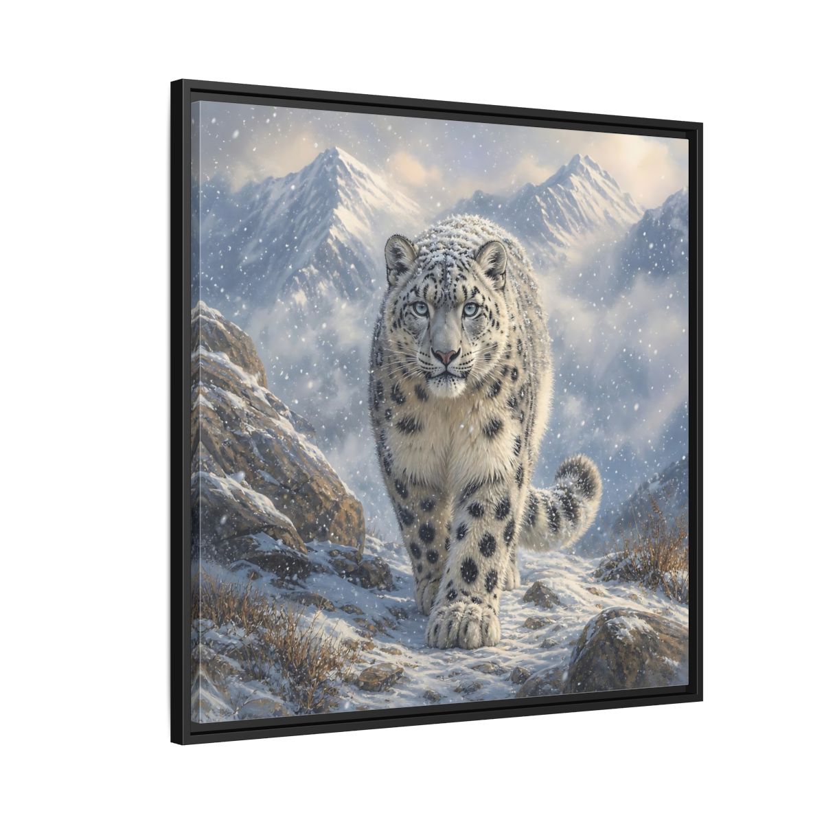 Side Mockup 9. Animals Snow Leopard Snow Leopard Winter shown as stretched canvas wall art