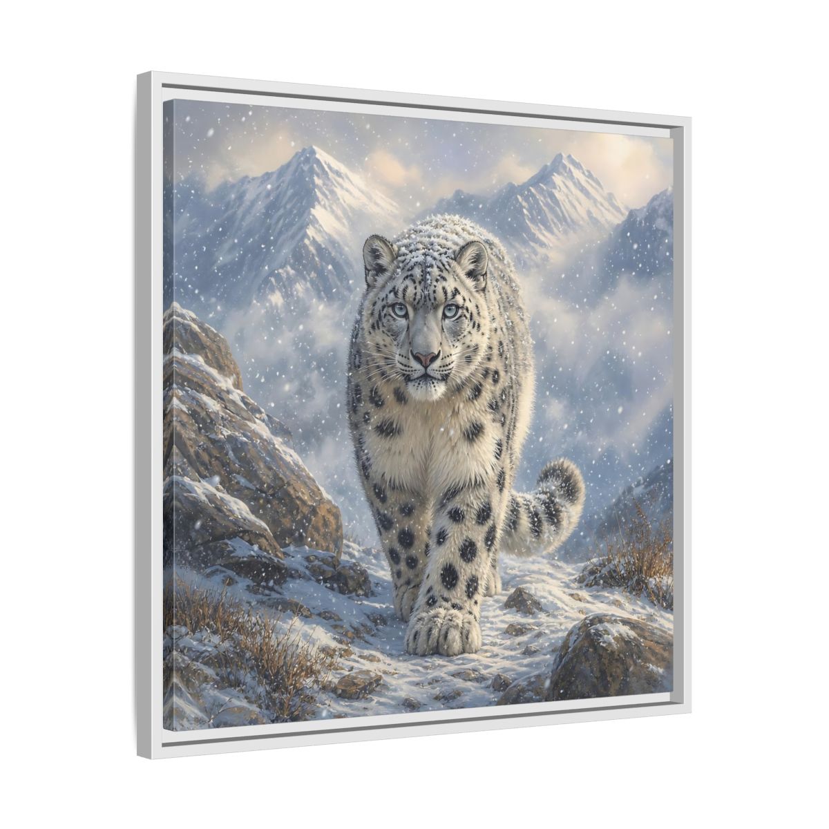 Side Mockup 26. Animals Snow Leopard Snow Leopard Winter shown as stretched canvas wall art