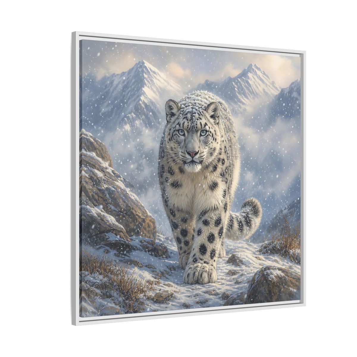 Side Mockup 4. Animals Snow Leopard Snow Leopard Winter shown as stretched canvas wall art