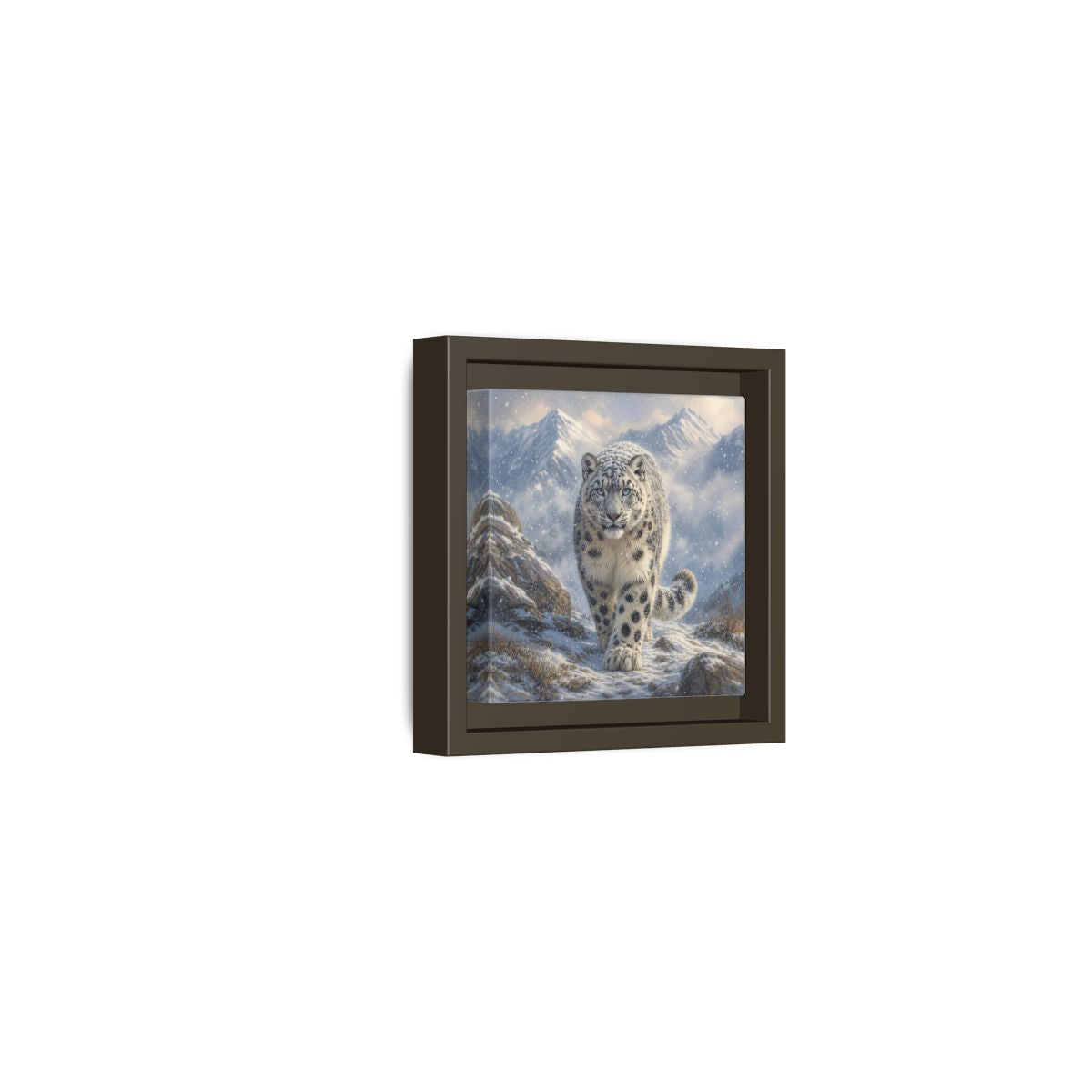 Side Mockup 23. Animals Snow Leopard Snow Leopard Winter shown as stretched canvas wall art