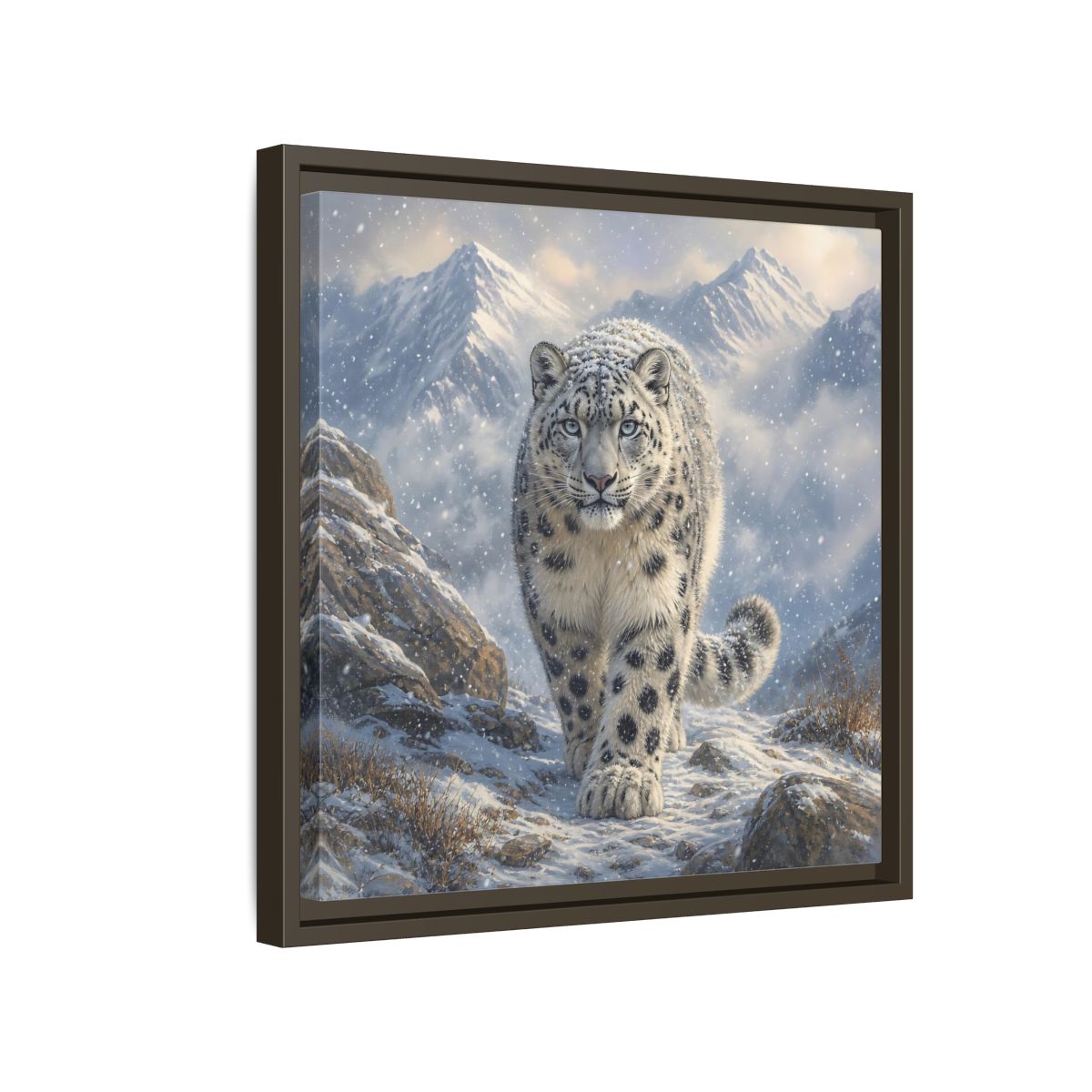 Side Mockup 14. Animals Snow Leopard Snow Leopard Winter shown as stretched canvas wall art