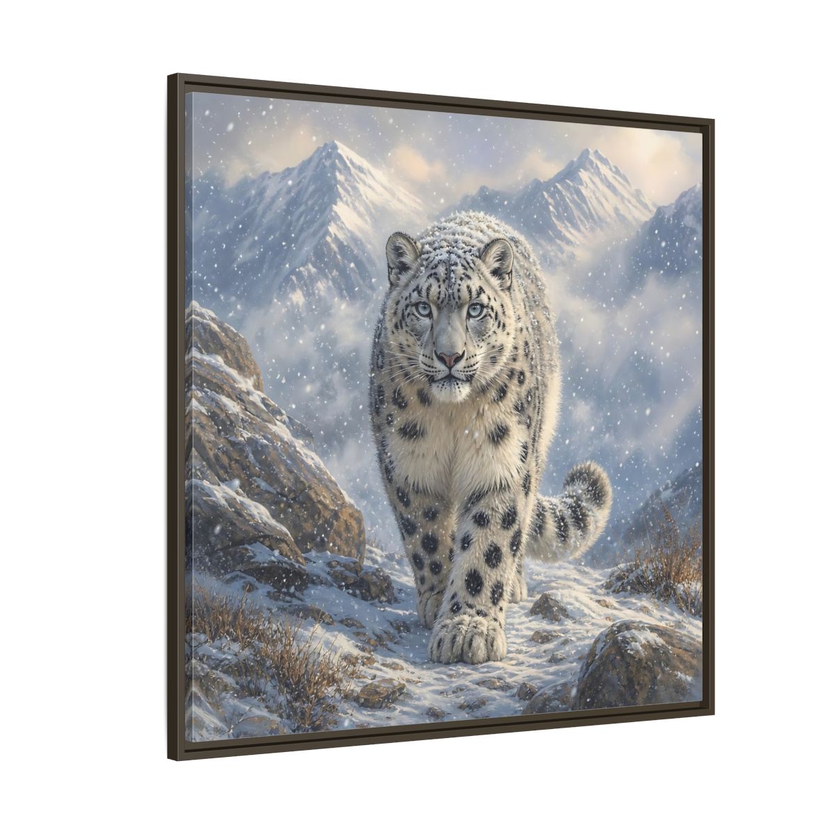 Side Mockup 5. Animals Snow Leopard Snow Leopard Winter shown as stretched canvas wall art