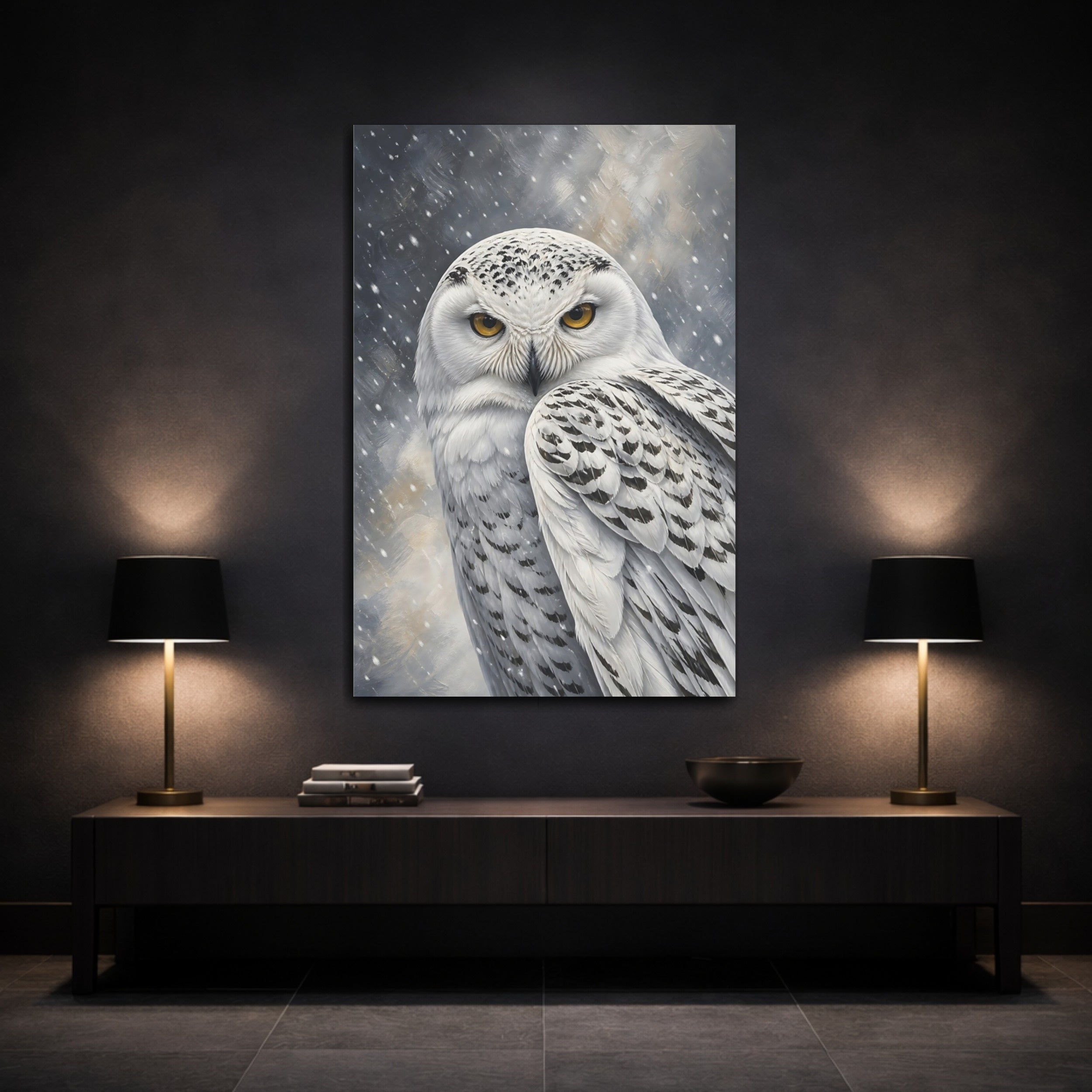Mockup 3. Animals Snowy Owl White Owl shown as stretched canvas wall art