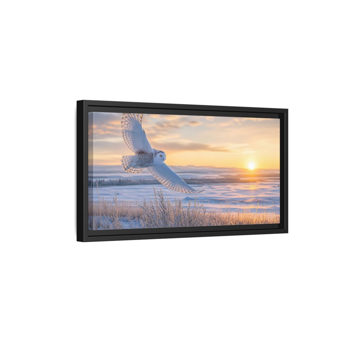 Side Mockup 8. Animals Snowy Owl Winter Sunset Owl shown as stretched canvas wall art