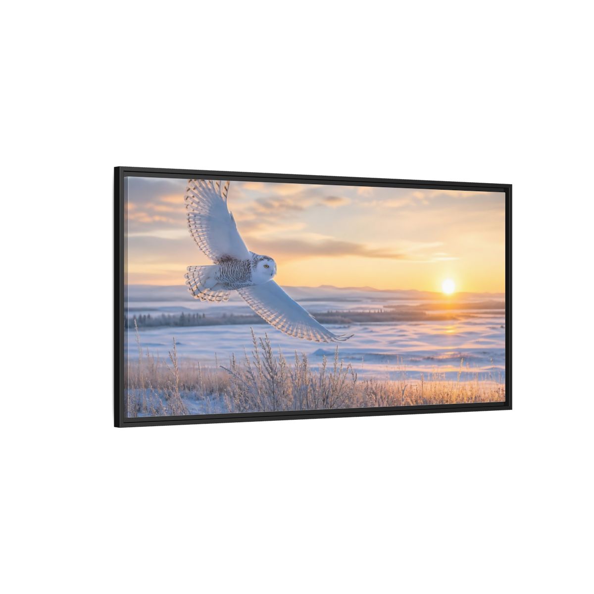 Side Mockup 5. Animals Snowy Owl Winter Sunset Owl shown as stretched canvas wall art