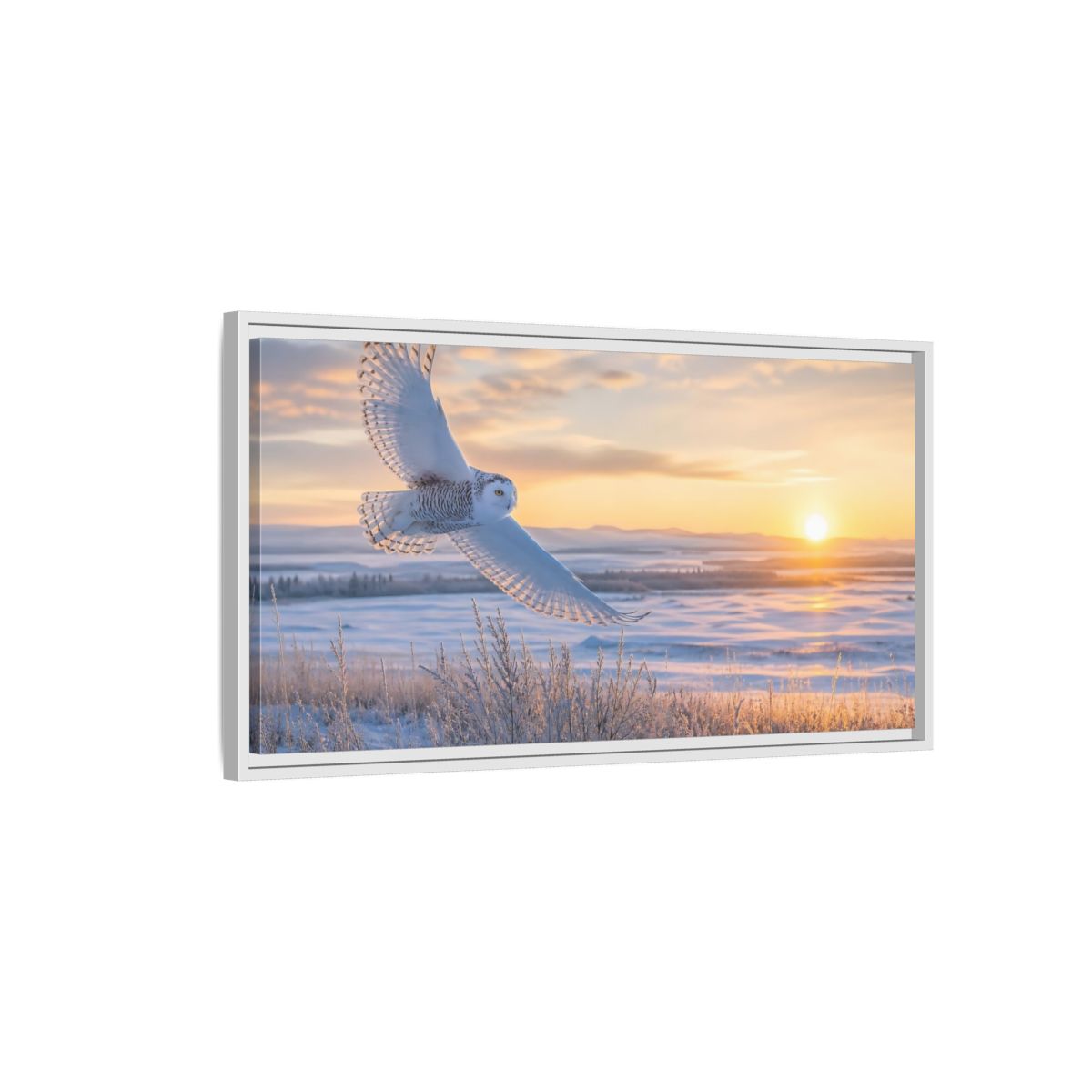Side Mockup 1. Animals Snowy Owl Winter Sunset Owl shown as stretched canvas wall art
