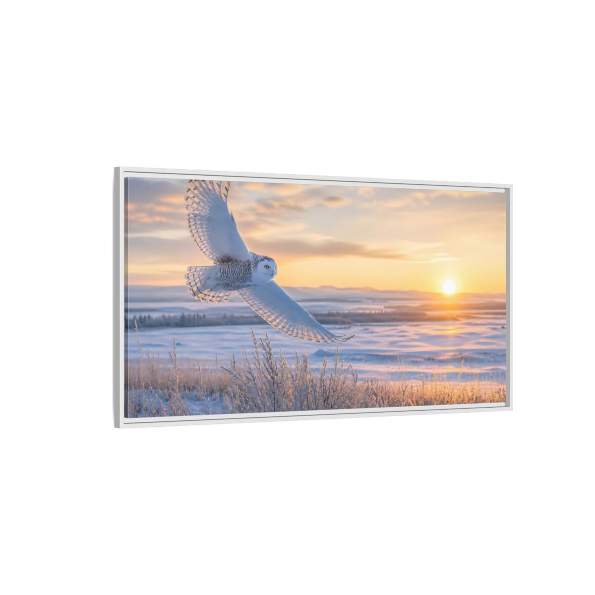 Side Mockup 3. Animals Snowy Owl Winter Sunset Owl shown as stretched canvas wall art