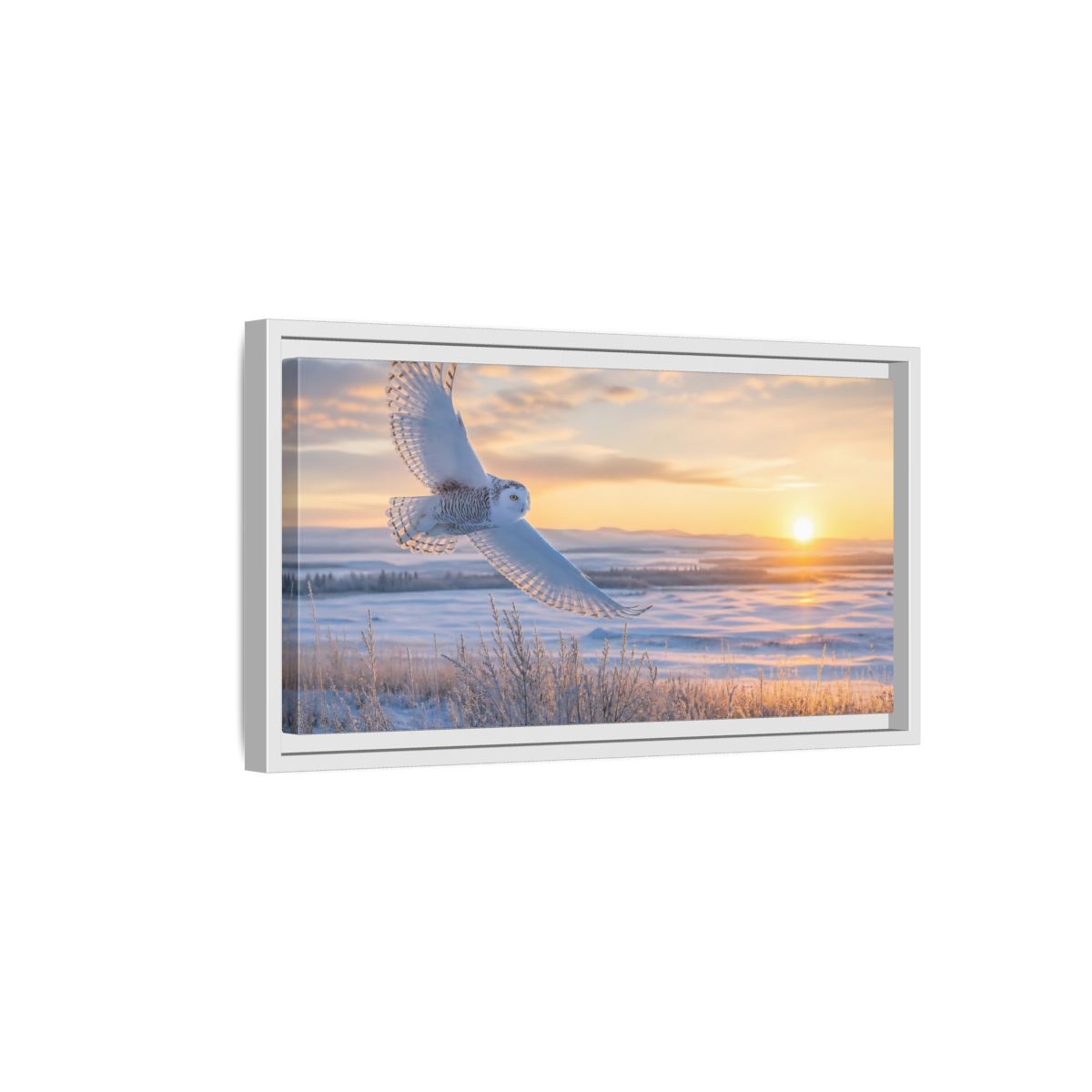 Side Mockup 6. Animals Snowy Owl Winter Sunset Owl shown as stretched canvas wall art