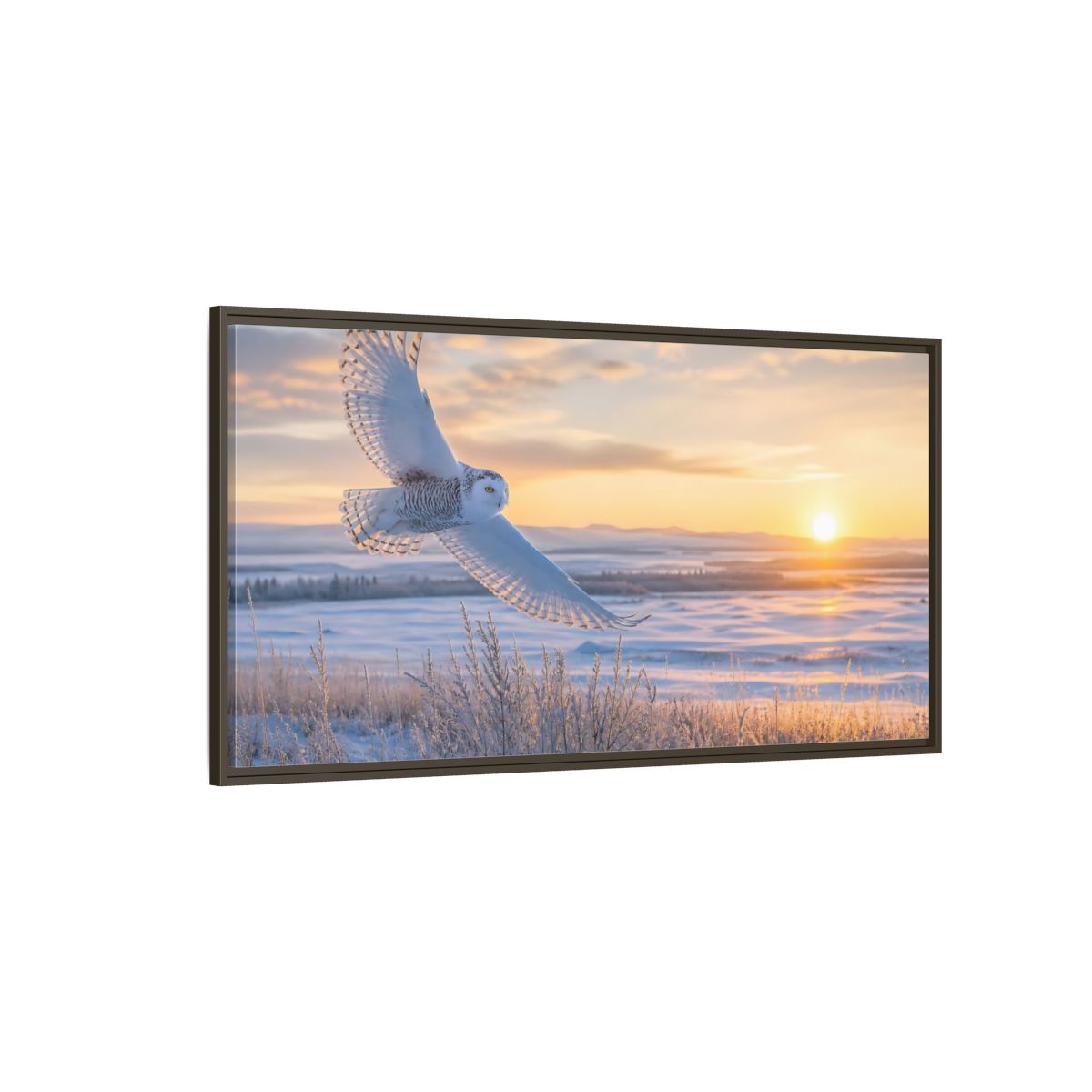 Side Mockup 4. Animals Snowy Owl Winter Sunset Owl shown as stretched canvas wall art