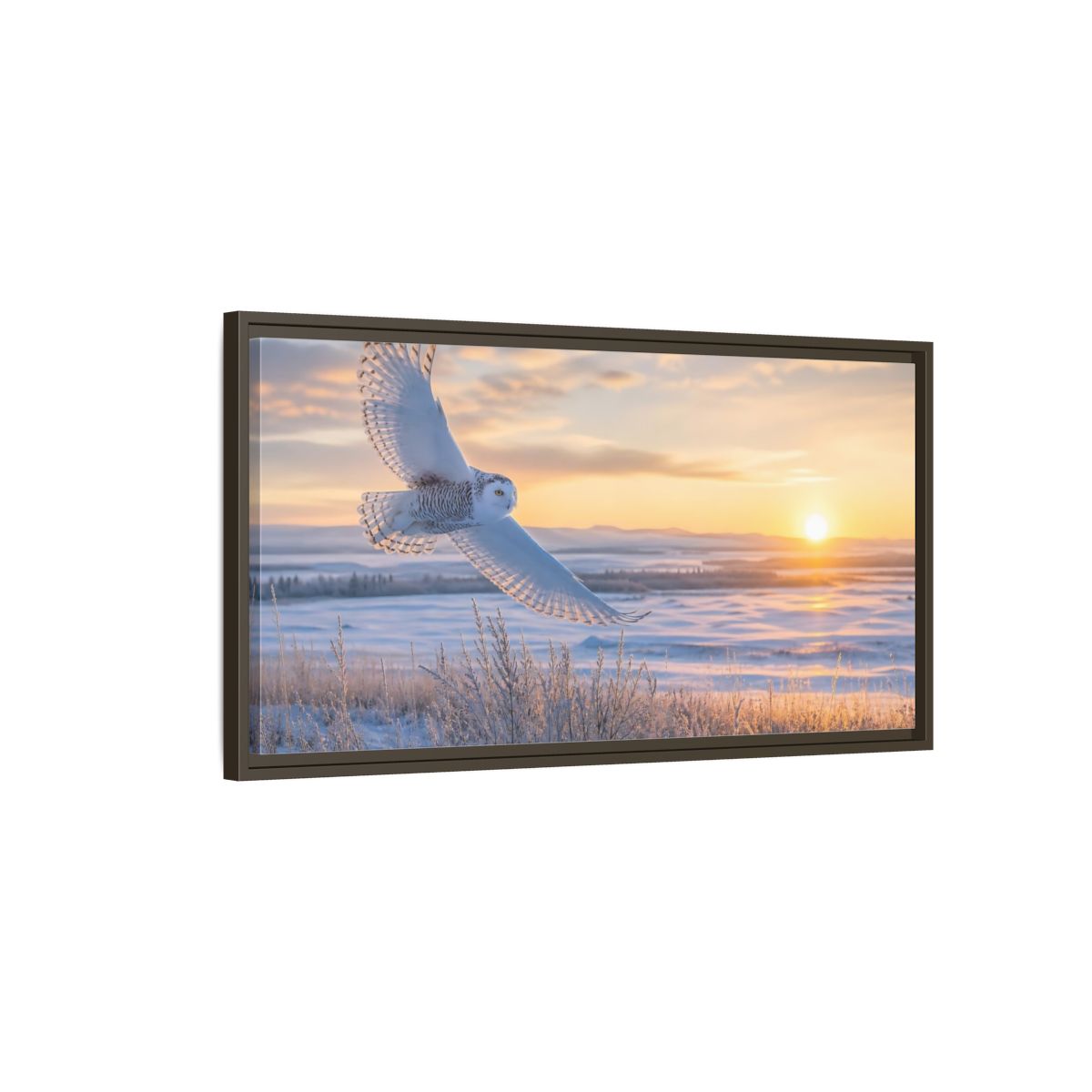 Main Mockup. Animals Snowy Owl Winter Sunset Owl shown as stretched canvas wall art