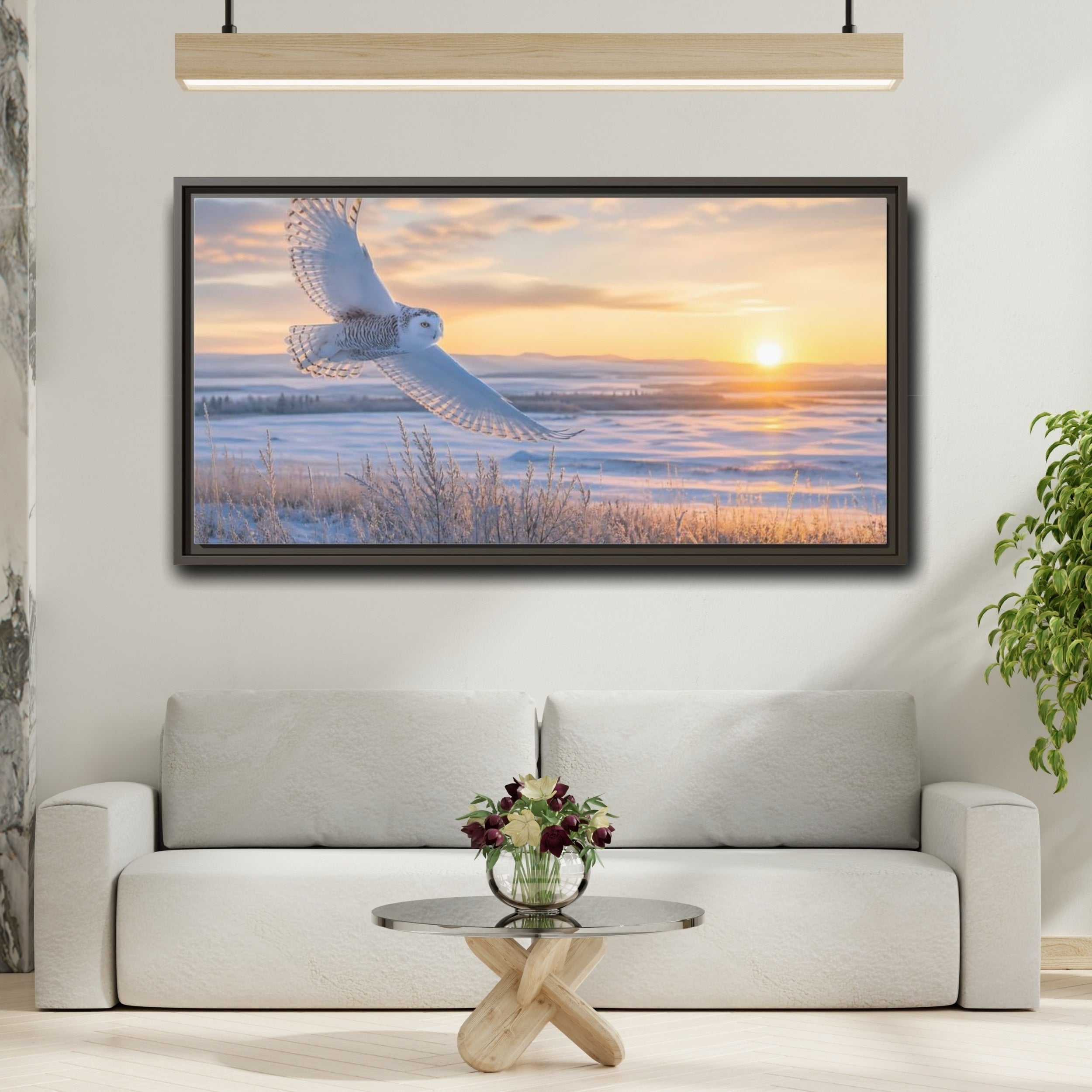 Mockup 2. Animals Snowy Owl Winter Sunset Owl shown as stretched canvas wall art