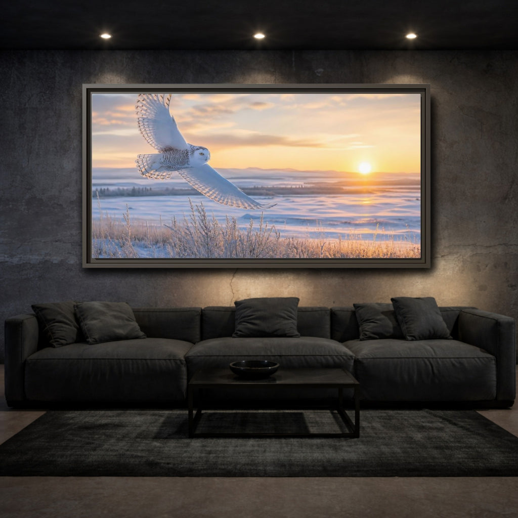 Mockup 3. Animals Snowy Owl Winter Sunset Owl shown as stretched canvas wall art