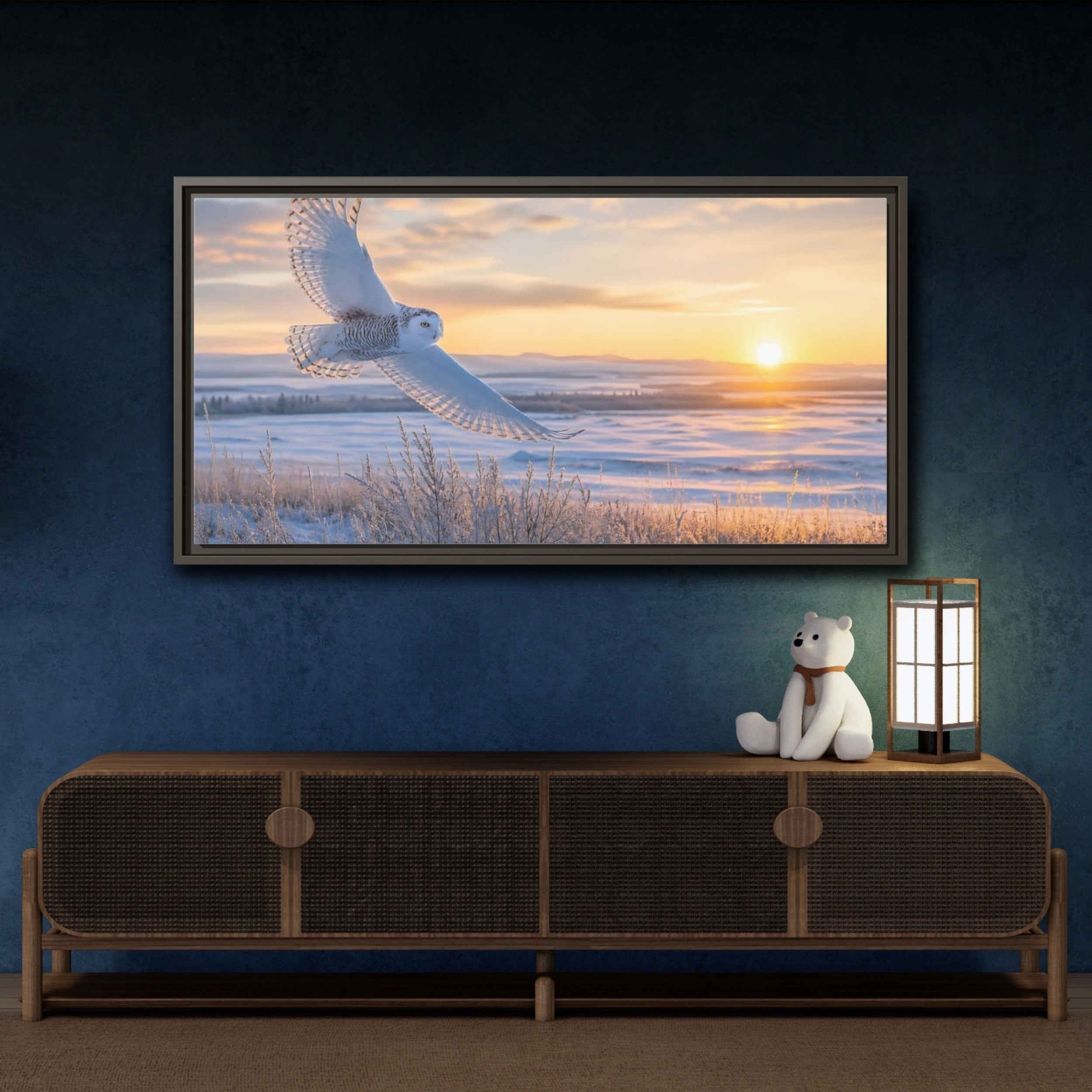 Mockup 4. Animals Snowy Owl Winter Sunset Owl shown as stretched canvas wall art