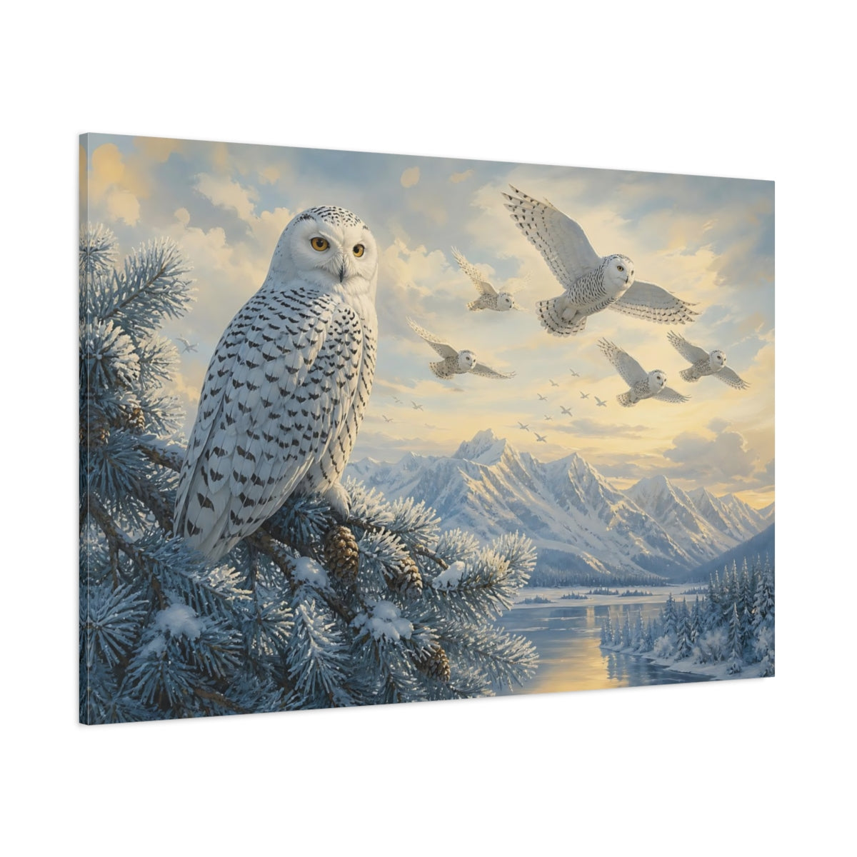 Side Mockup 1. Animals Snowy Owls White And Blue shown as canvas print