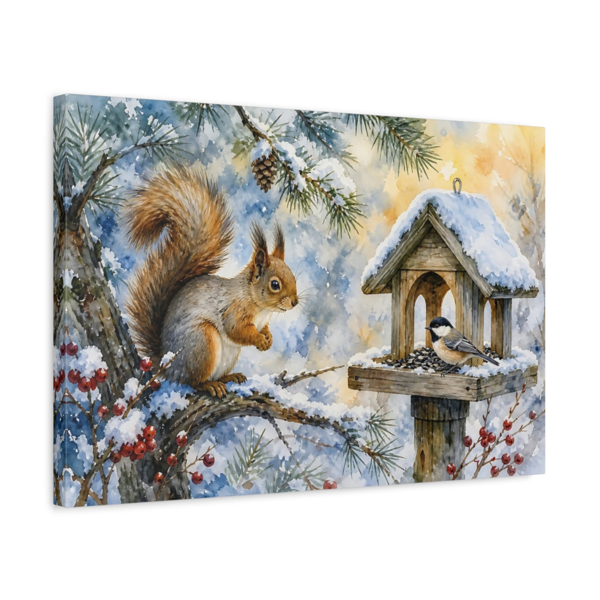 Side Mockup 3. Animals Squirrel, Bird Winter Wildlife shown as stretched canvas wall art