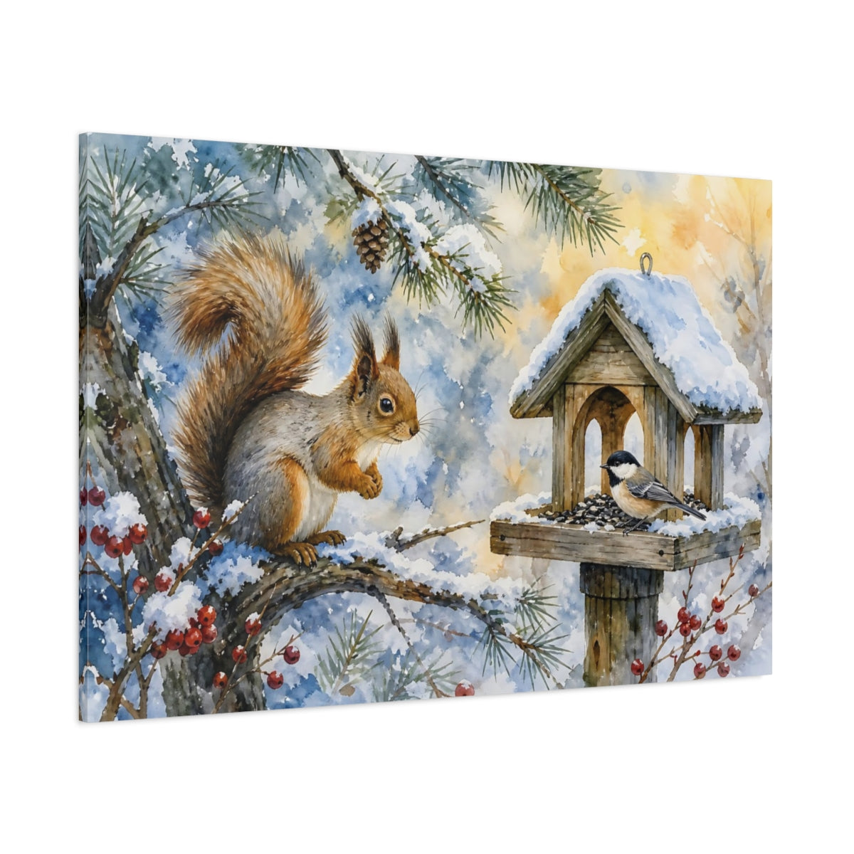 Side Mockup 1. Animals Squirrel, Bird Winter Wildlife shown as stretched canvas wall art