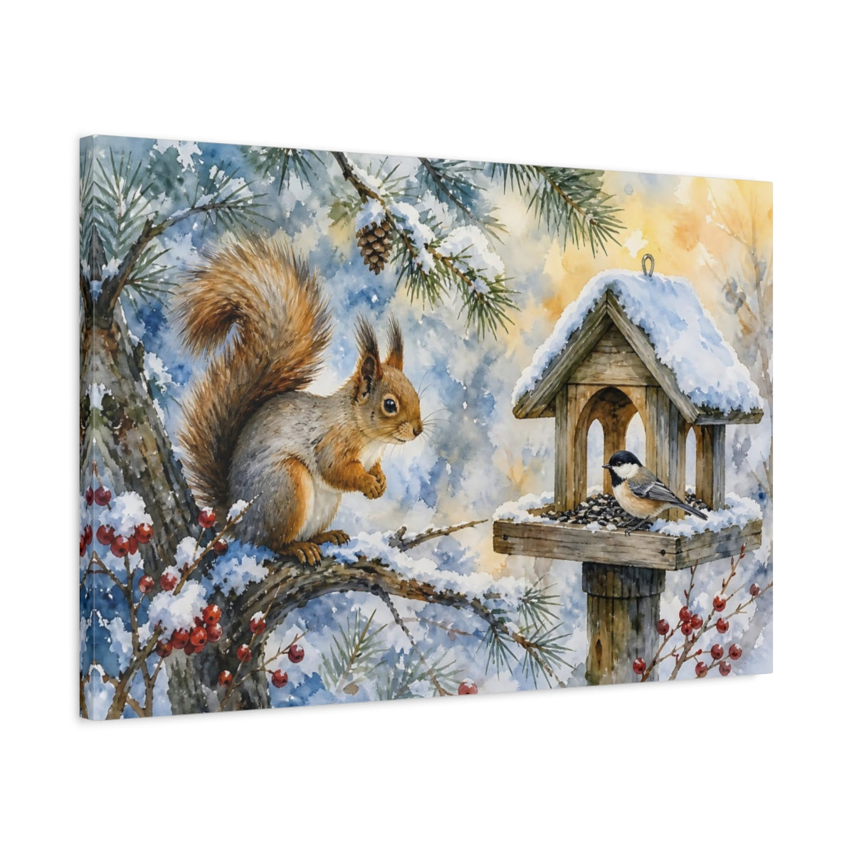 Side Mockup 2. Animals Squirrel, Bird Winter Wildlife shown as stretched canvas wall art