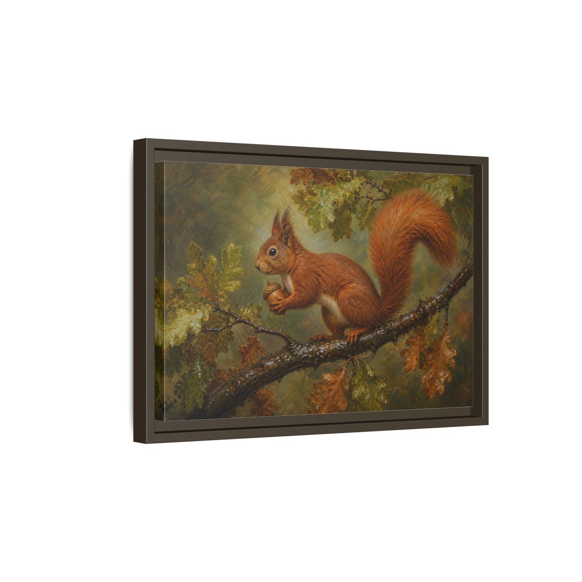 Side Mockup 5. Animals Squirrel Red Squirrel And Green shown as stretched canvas wall art