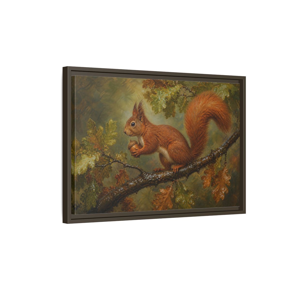 Side Mockup 2. Animals Squirrel Red Squirrel And Green shown as stretched canvas wall art