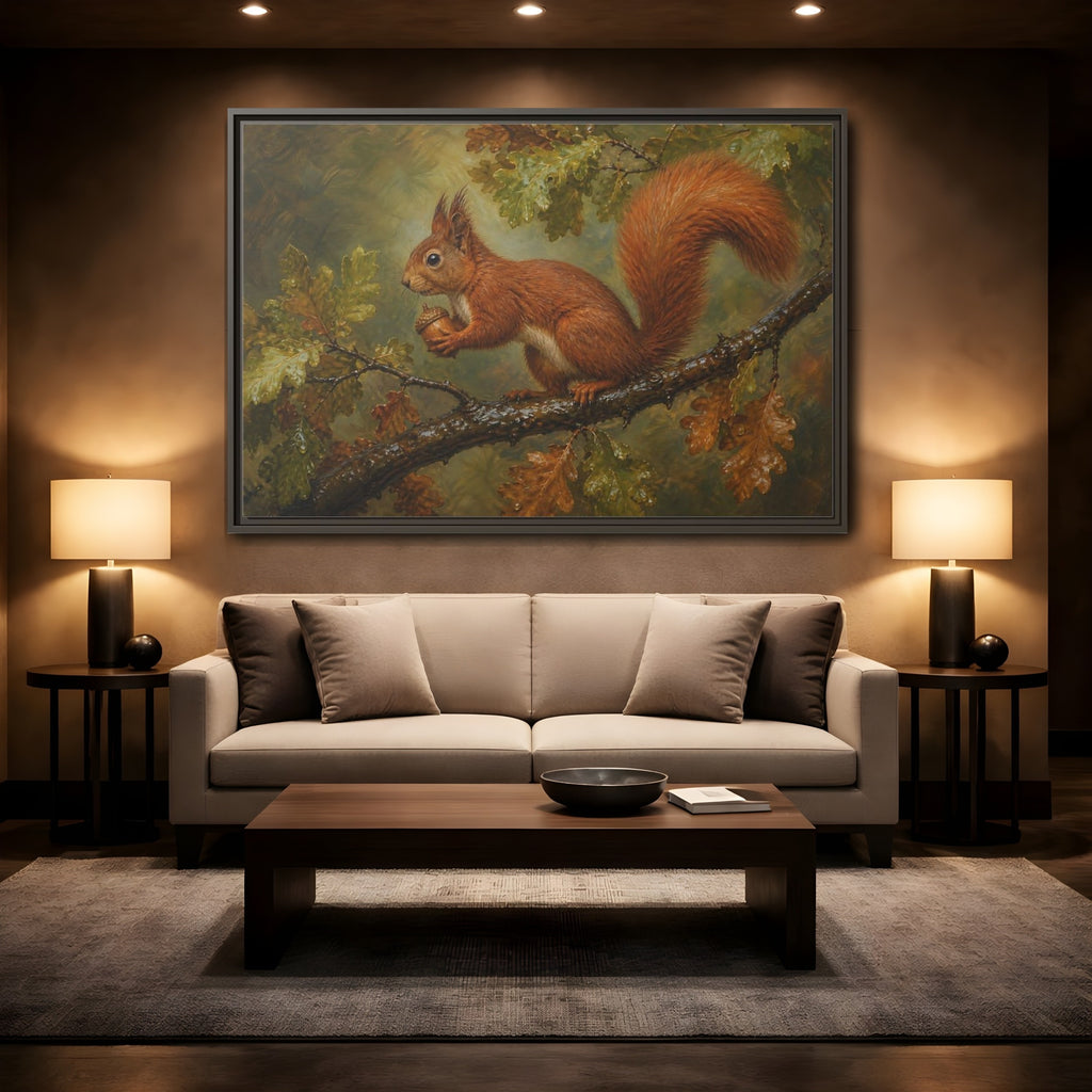 Mockup 2. Animals Squirrel Red Squirrel And Green shown as stretched canvas wall art