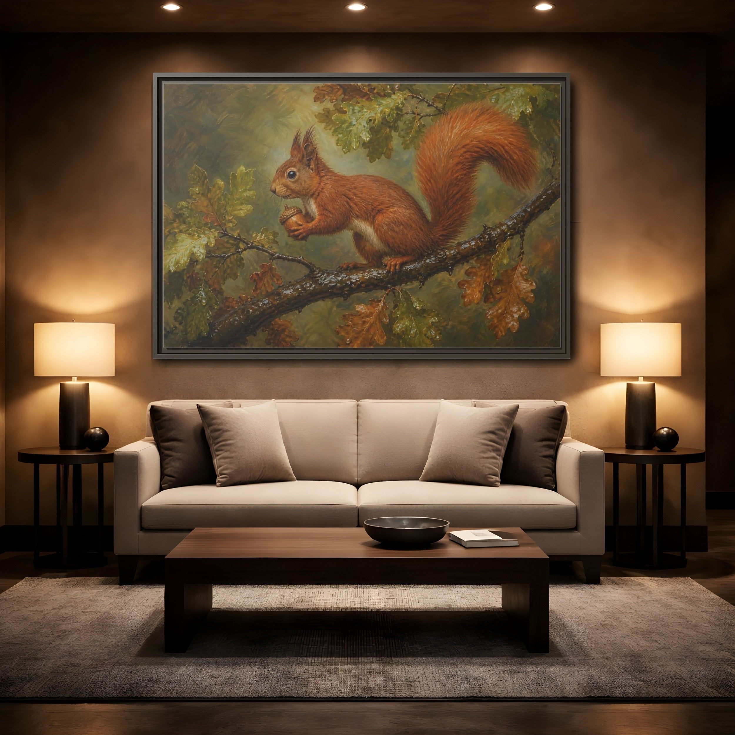 Mockup 2. Animals Squirrel Red Squirrel And Green shown as stretched canvas wall art