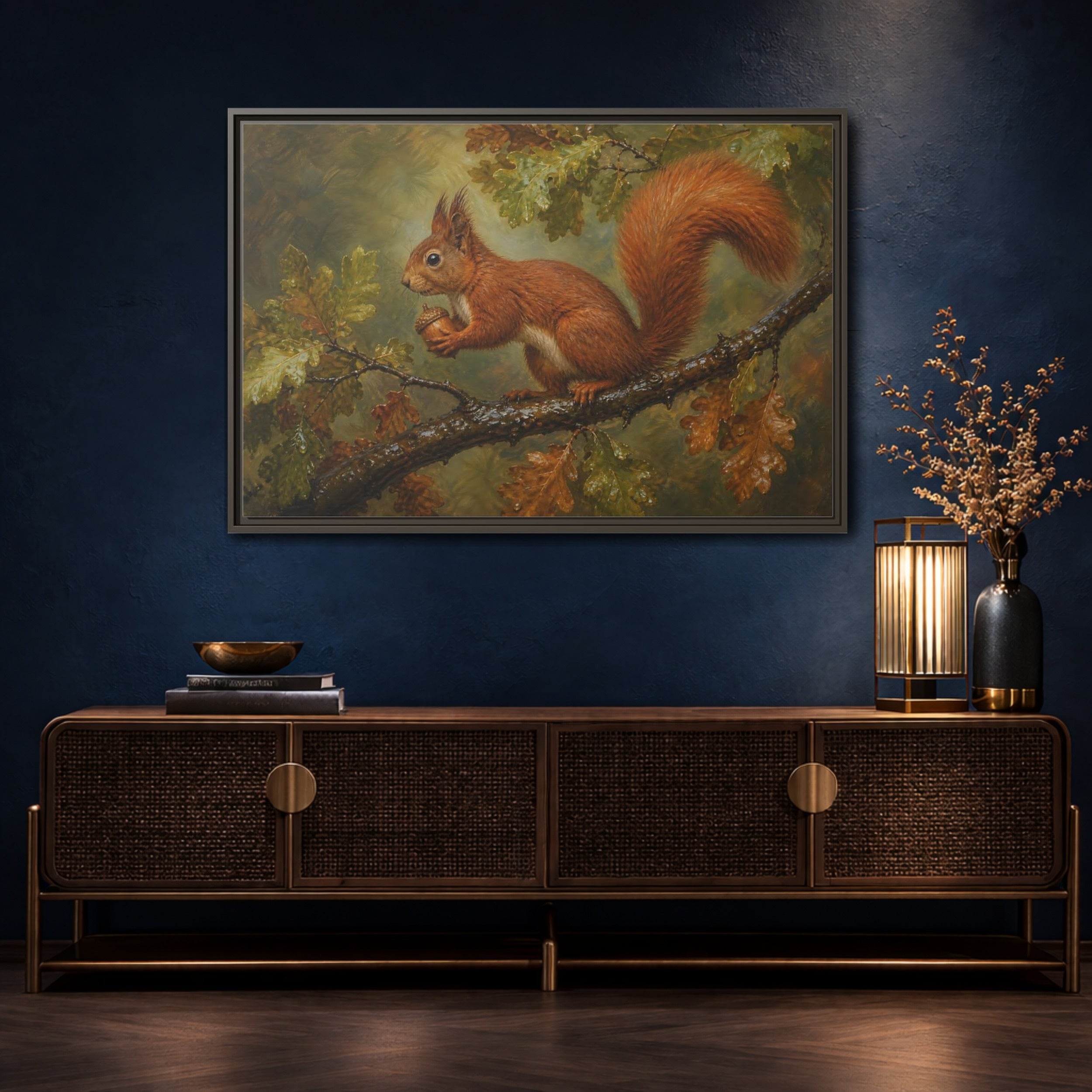 Mockup 4. Animals Squirrel Red Squirrel And Green shown as stretched canvas wall art