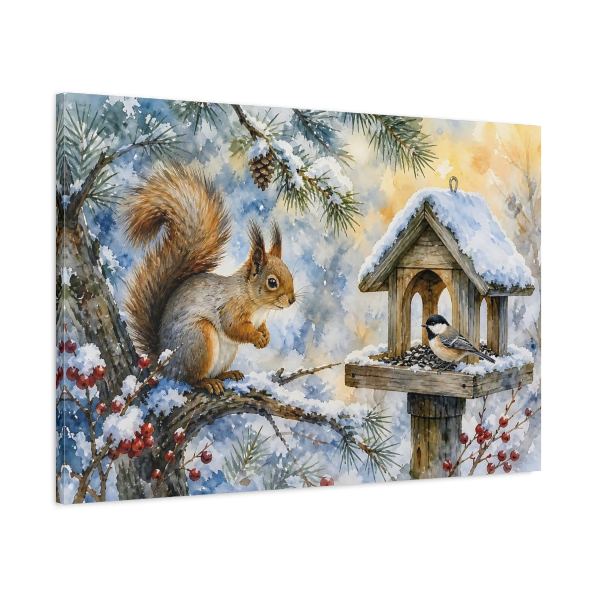 Main Mockup. Animals Squirrel, Bird Winter Wildlife shown as stretched canvas wall art