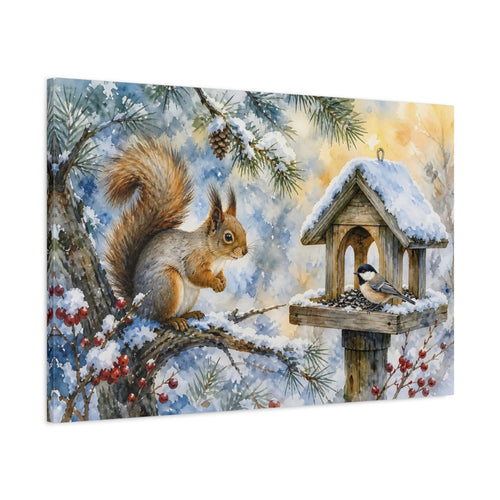 Main Mockup. Animals Squirrel, Bird Winter Wildlife shown as stretched canvas wall art
