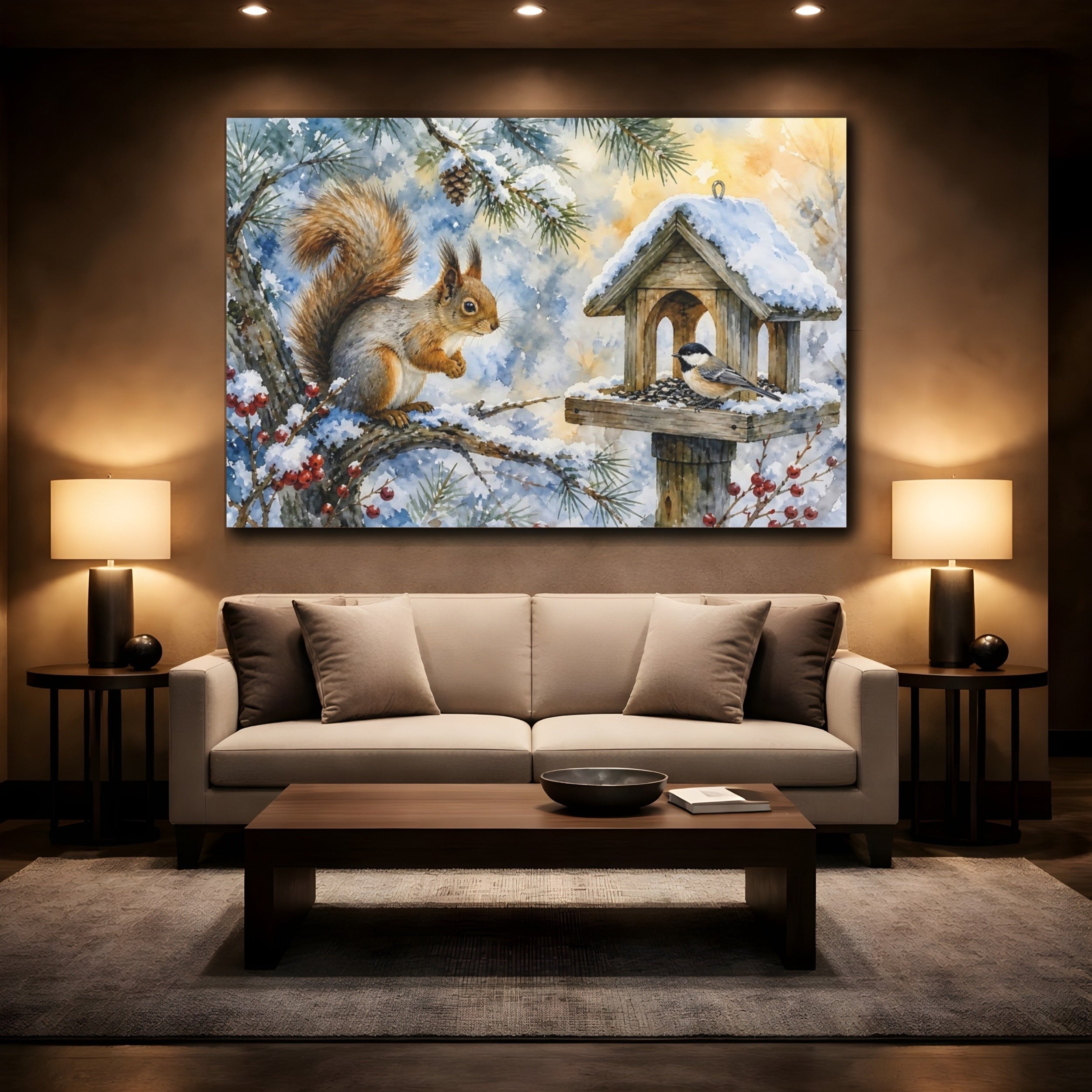 Mockup 2. Animals Squirrel, Bird Winter Wildlife shown as stretched canvas wall art