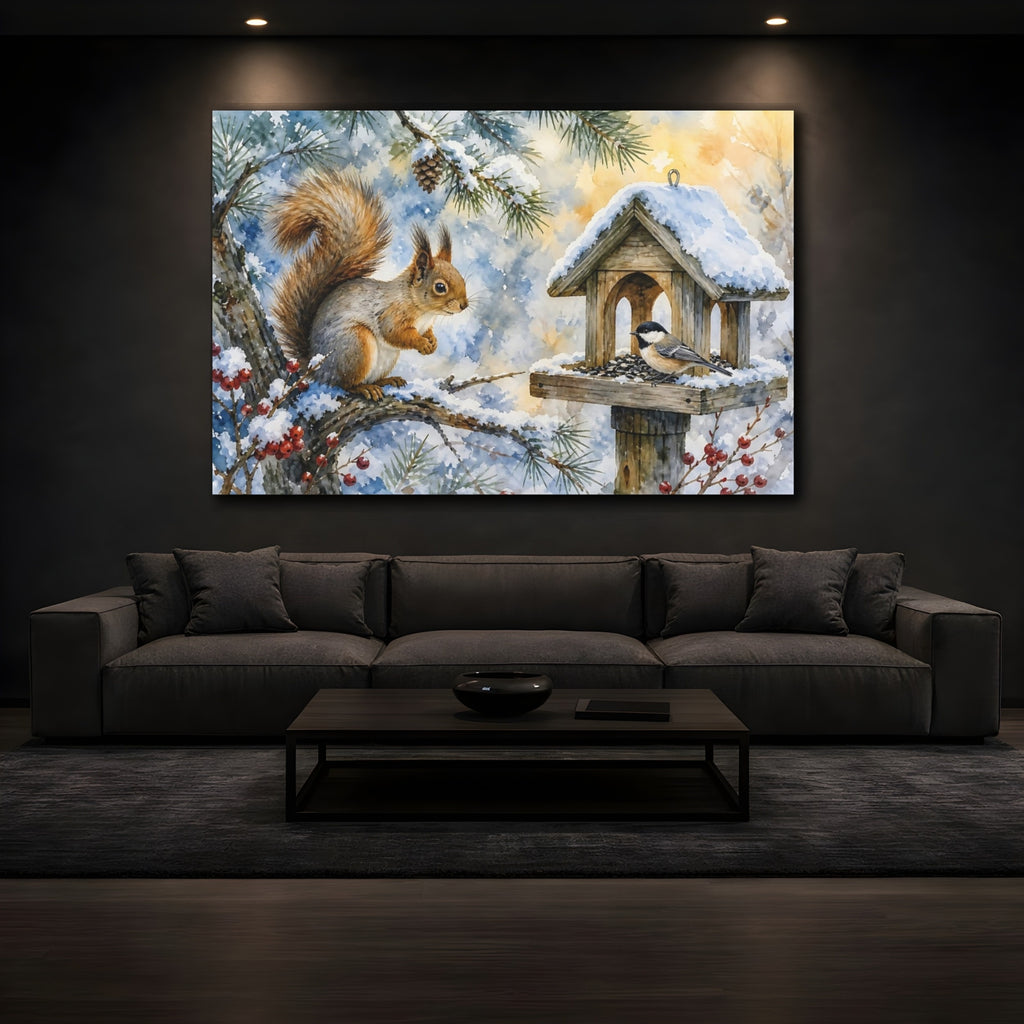 Mockup 3. Animals Squirrel, Bird Winter Wildlife shown as stretched canvas wall art