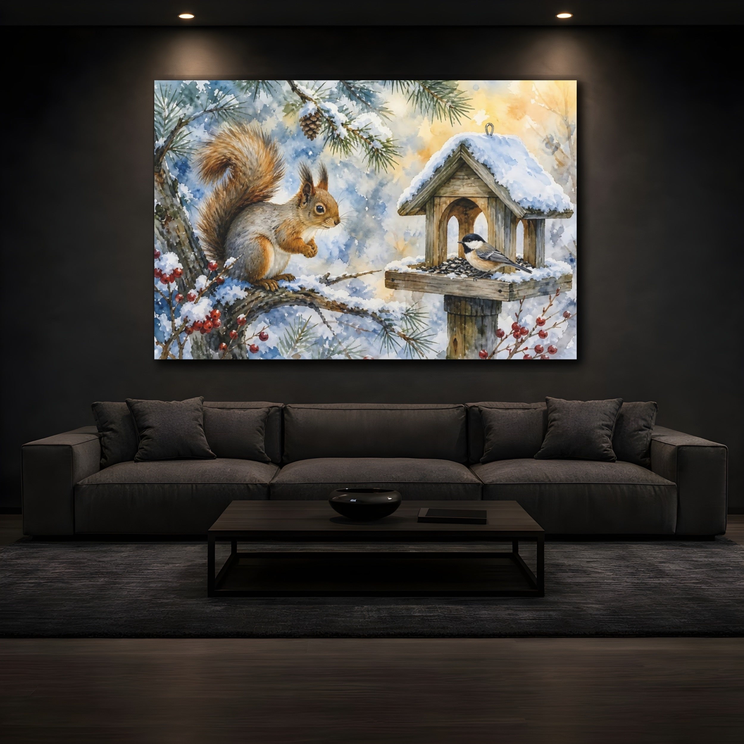 Mockup 3. Animals Squirrel, Bird Winter Wildlife shown as stretched canvas wall art
