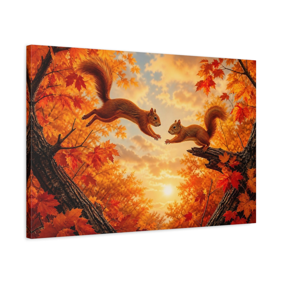Side Mockup 2. Animals Squirrels Orange Squirrels shown as stretched canvas wall art