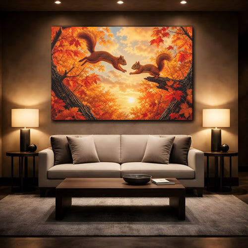 Mockup 2. Animals Squirrels Orange Squirrels shown as stretched canvas wall art