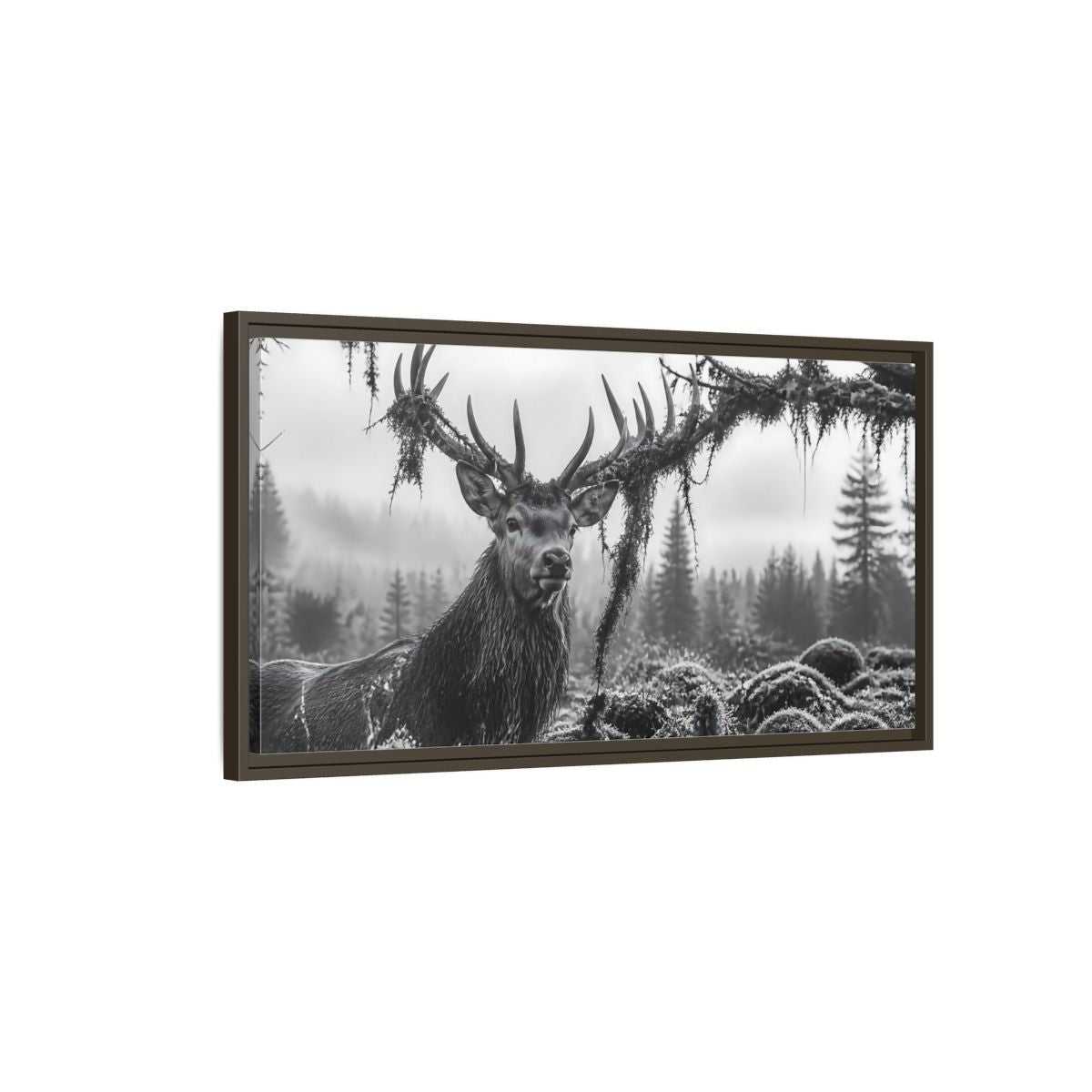 Main Mockup. Animals Stag Black And White shown as stretched canvas wall art