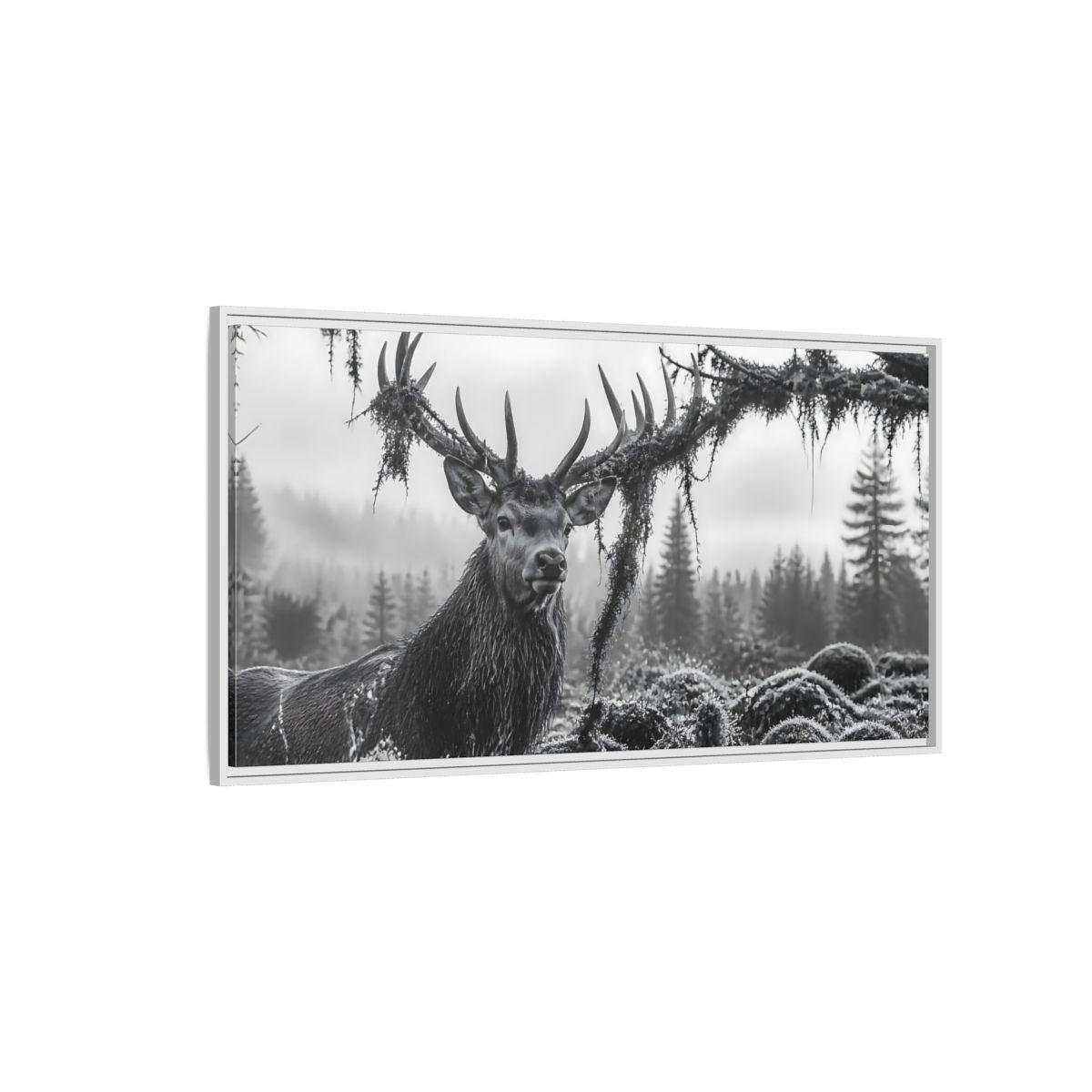 Side Mockup 3. Animals Stag Black And White shown as stretched canvas wall art