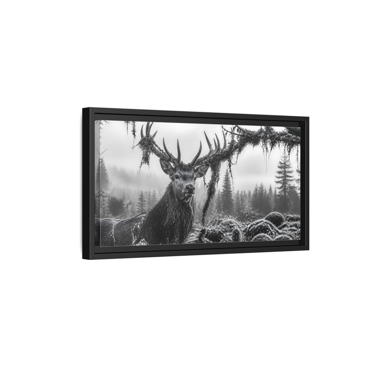 Side Mockup 8. Animals Stag Black And White shown as stretched canvas wall art