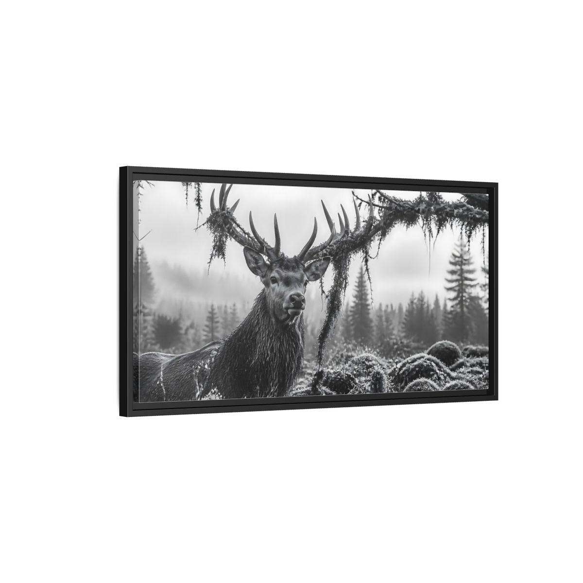 Side Mockup 2. Animals Stag Black And White shown as stretched canvas wall art